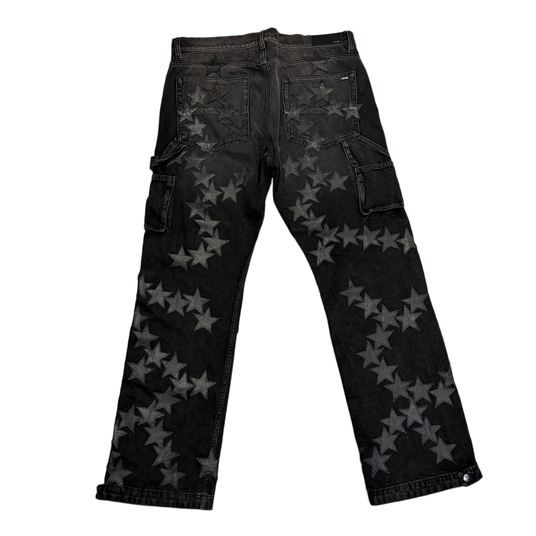 AMIRI 'BLACK' CHEMIST LEATHER STAR PATCH DOUBLE KNEE CARPENTER JEANS