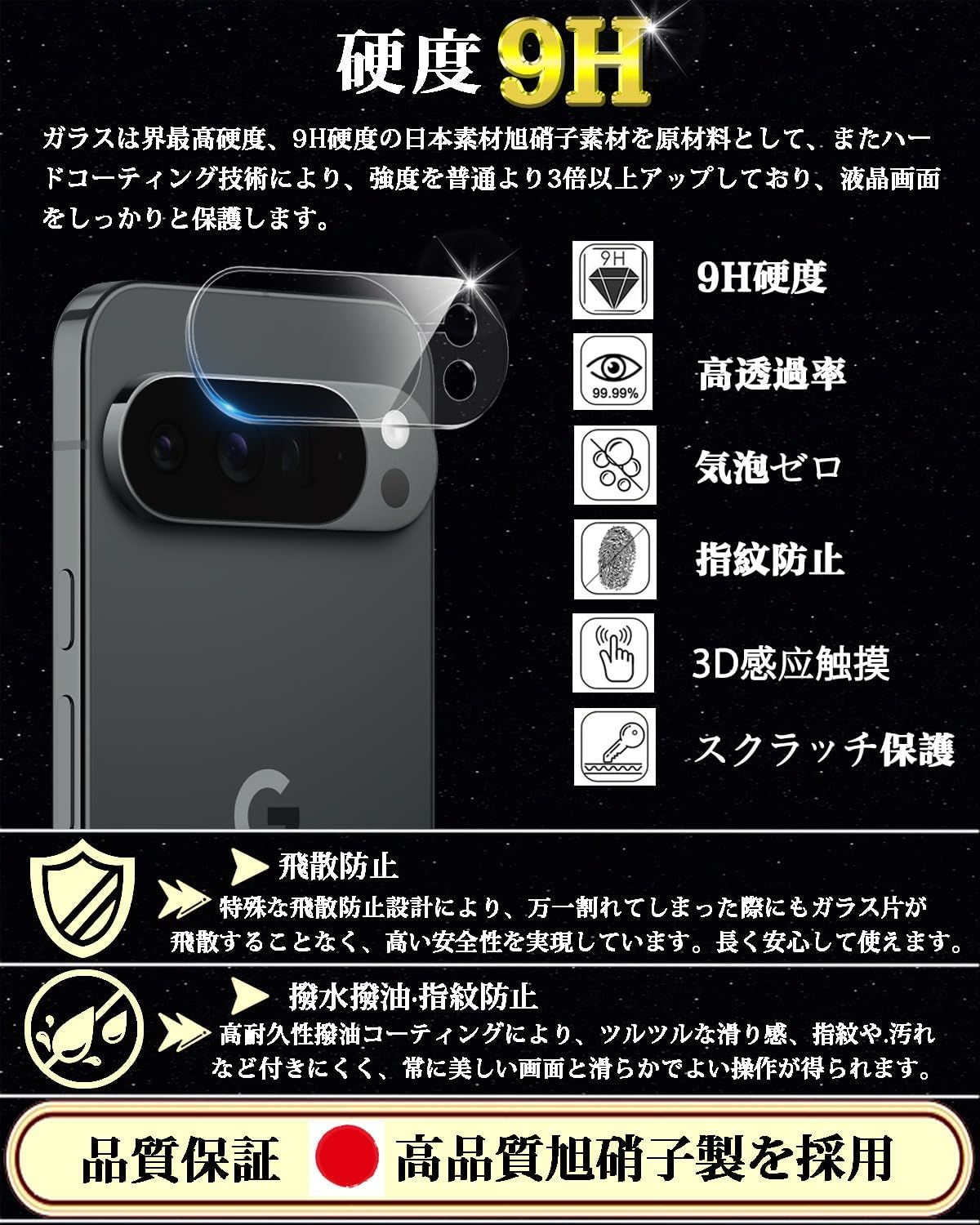Compatible Google Pixel 10 Pro Camera Film, Google Pixel 10 Pro Camera Cover, 2 Piece Set, 9H Hardness, Fingerprint Authentication, Made in Japan, Asahi Glass, Water Repellent, Oil Repellent, Google