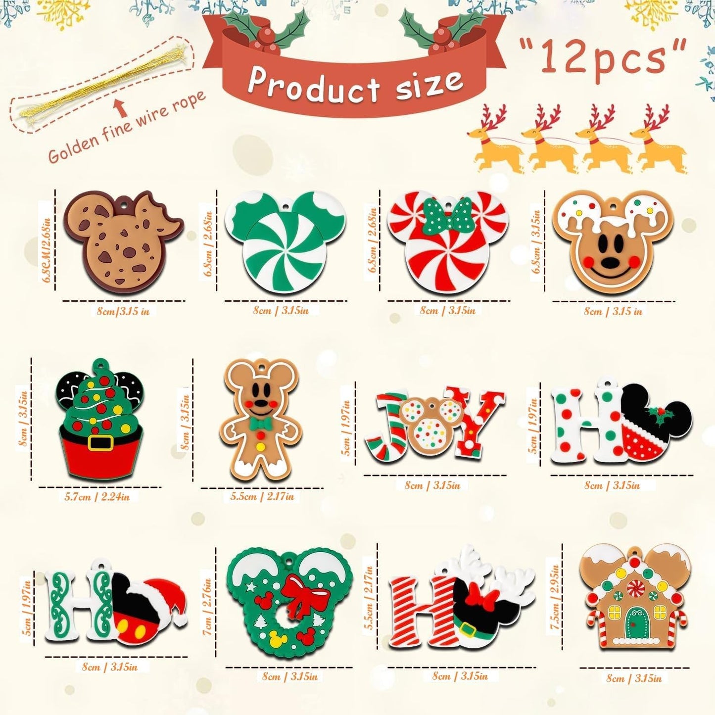 12 piezas de decoraciones navideñas con hilos finos dorados, adornos de ratón de madera para árboles de fiestas navideñas, decoraciones de fiesta para colgar en árbol, hogar, chimenea (verde)