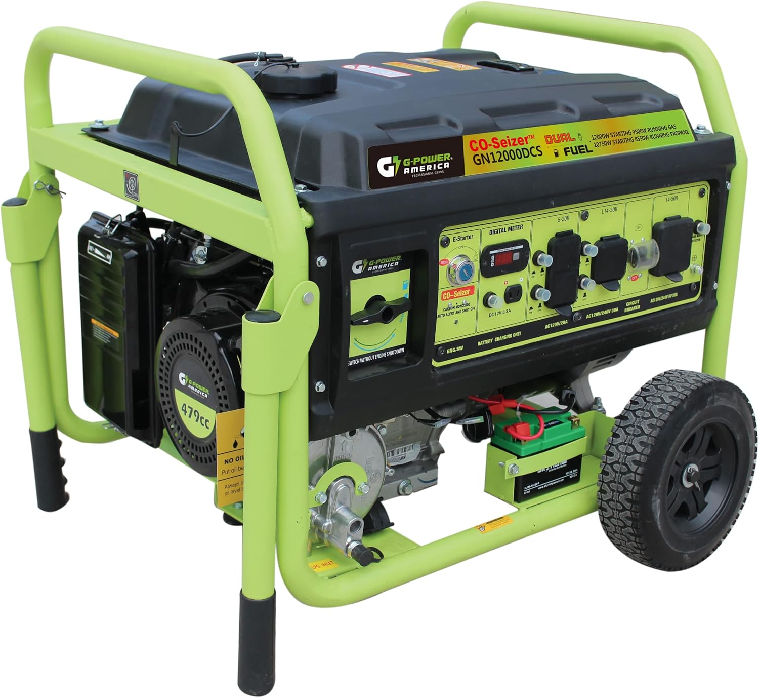 Green-Power America 12000 Watt Dual Fuel Portable Generator, Gas or Propane Power Source, Recoil Start with CO Protection System, 49 State Approved