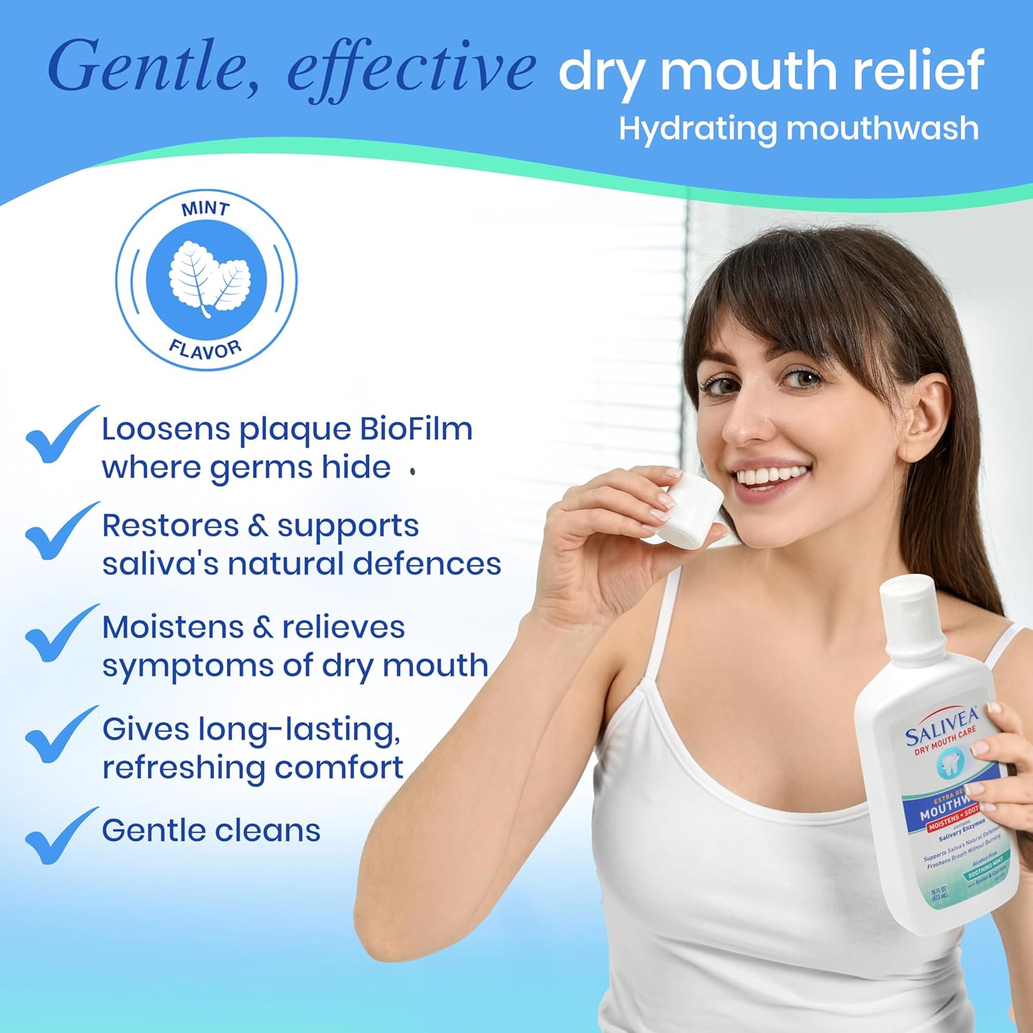 SALIVEA Dry Mouth Mouthwash Soothing Mint Flavor 16 oz Bottle Pack of 2 | Natural salivary enzymes gently freshen breath and aid daily oral care, sensitive-mouth formula for kids and adults