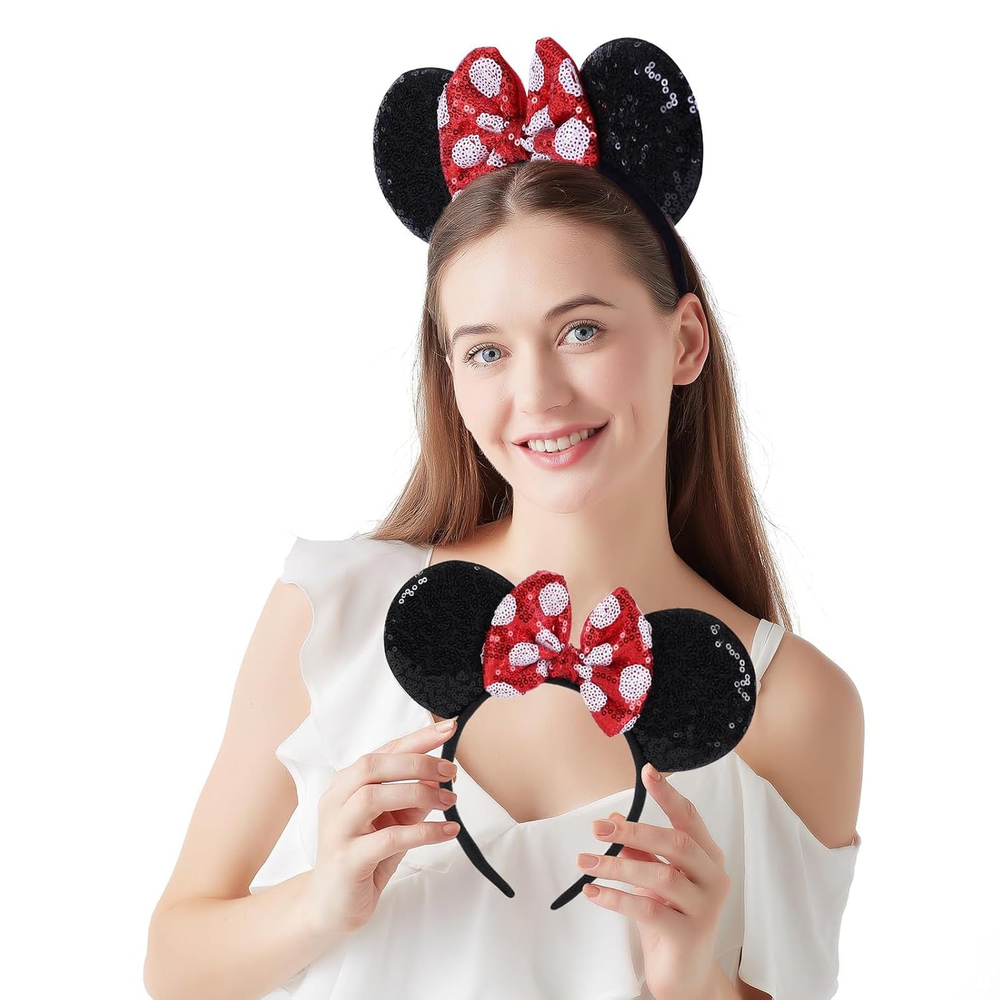 2 piezas de diademas con orejas de ratón y lentejuelas rojas, diademas con arcos brillantes, una adición perfecta a tus accesorios esenciales de viaje para mujeres, niñas, decoración de