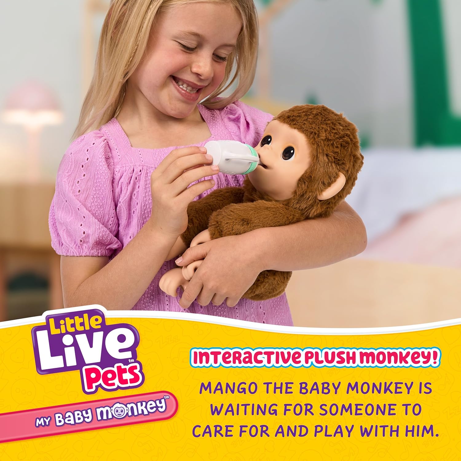 Little Live Pets My Baby Monkey - Adorable pet monkey with over 50 sounds and reactions, expressive moving mouth mango sucks thumbs, feeds from bottles, and dangles from hands and feet!