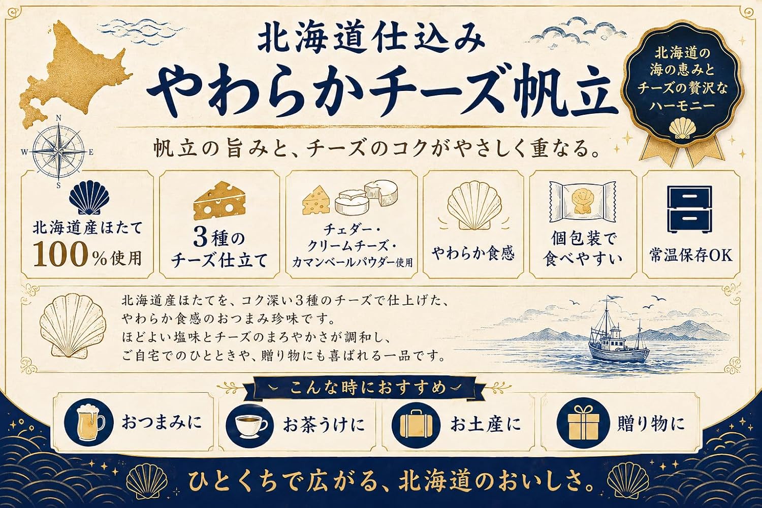 Hokkaido Jitsu Soft Cheese Scallop Snacks Delicious Liquor Individually Wrapped, Room Temperature, Souvenir, Gift