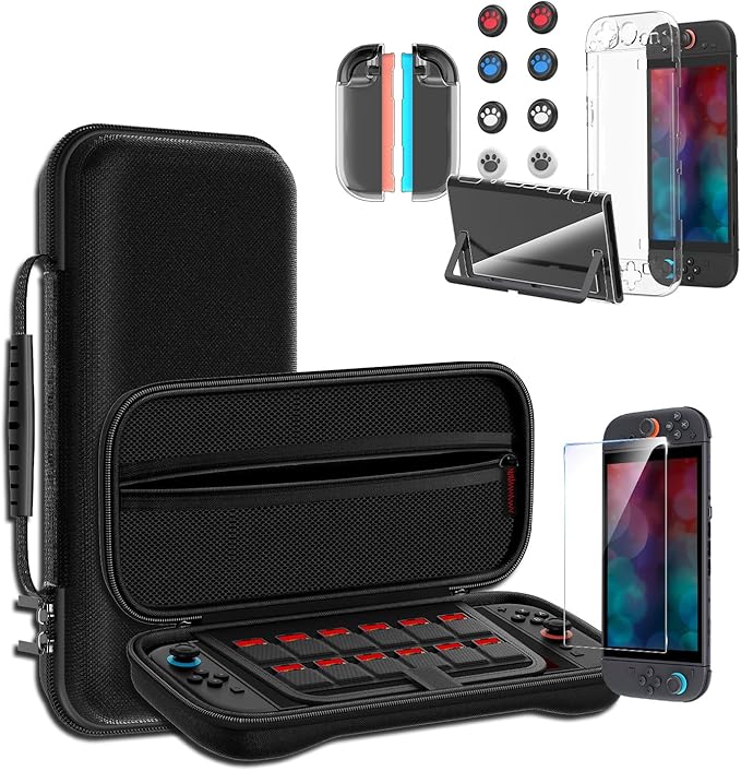 Switch 2 専用 ケース Sungale 収納ケース＋ガラス保護フィルム＋スティックキャップ8枚＋分体式設計 PCカバー+ TPUグリップカバー 12ゲームカードスロット 大容量 収納バッグ 耐衝撃 防塵 全面保護 防水