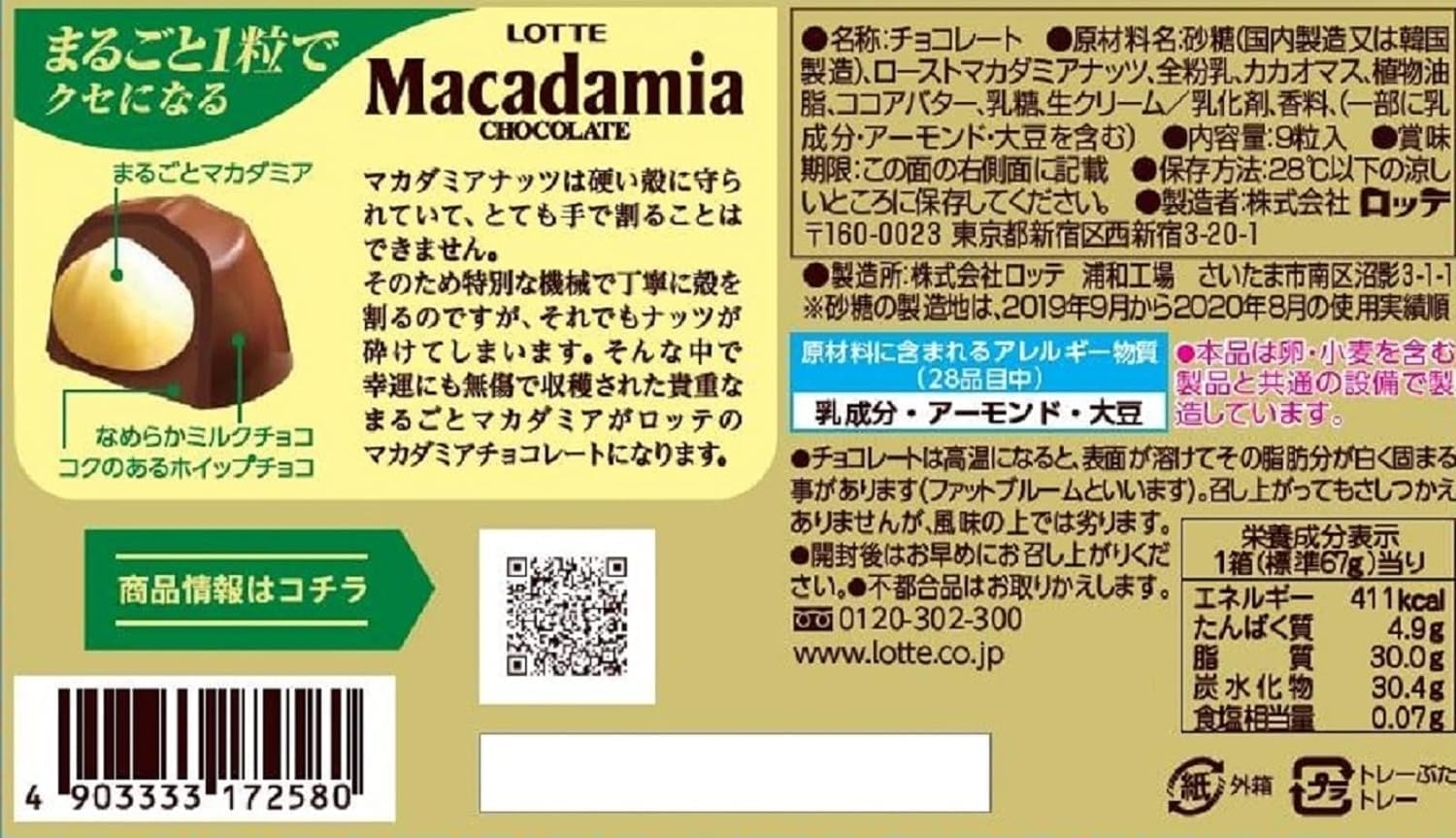 Lotte Macadamia Chocolate 1 Box (9 Tablets)