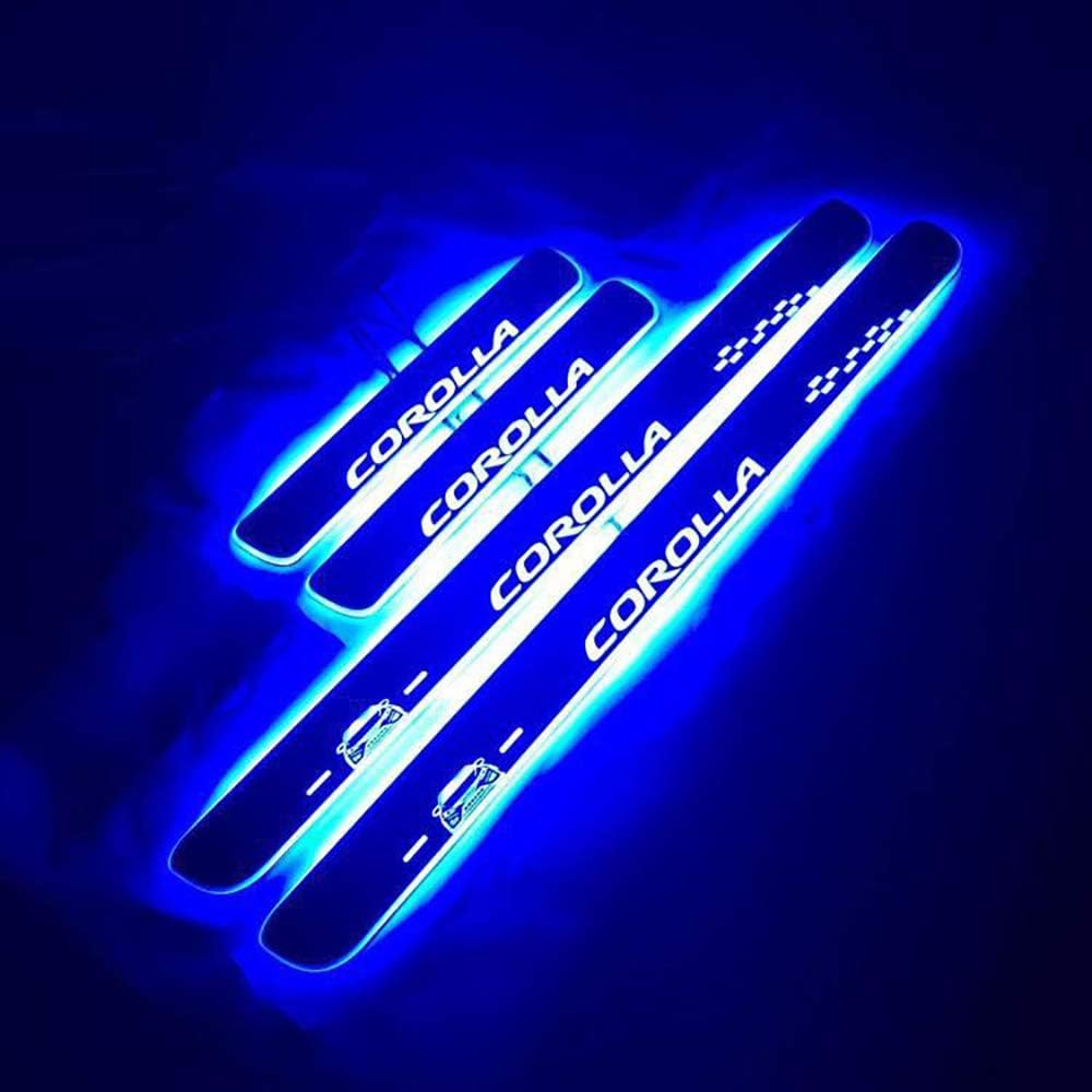 Corolla Scuff Plate, Kicking Step Garnish, LED Flowing Acrylic, Door Step Plate, LED Light Emitting Possible! Full Set of 4 Toyota Interior Parts (Corolla Blue, Horizontal Lines)