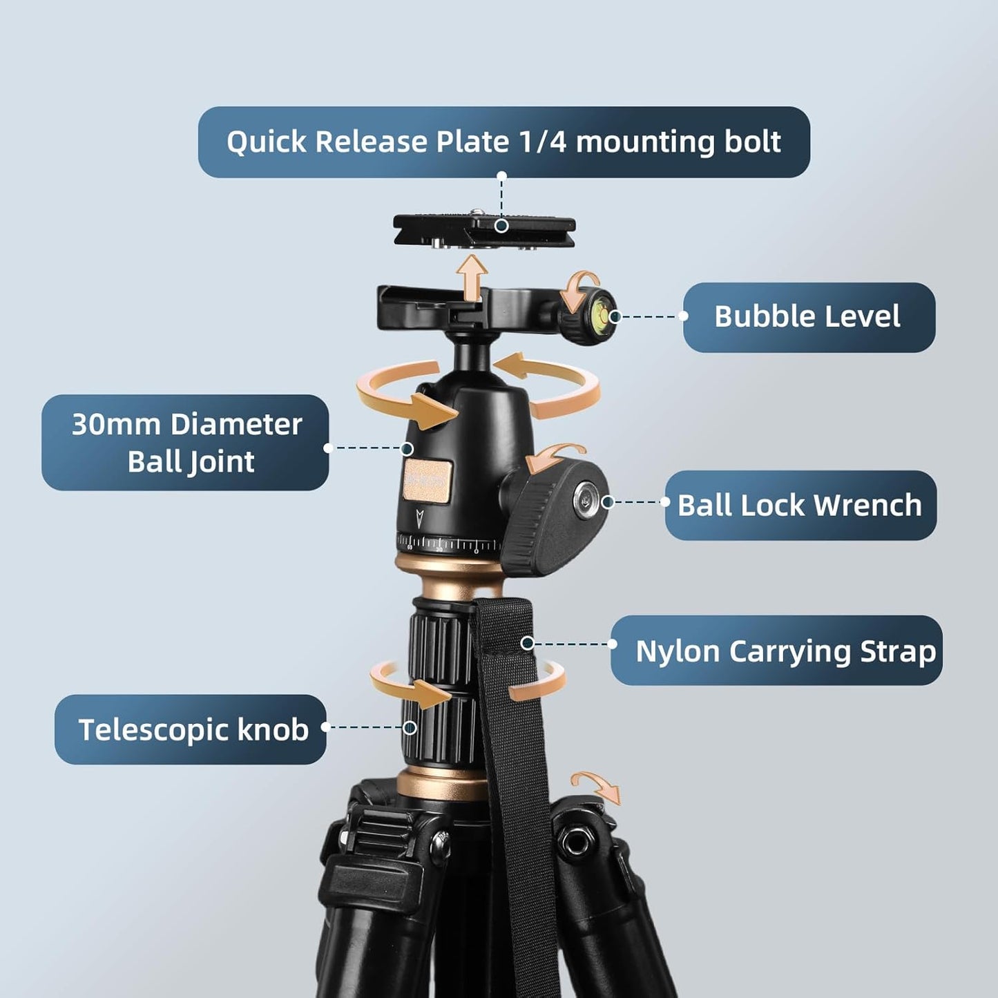 AFAITH Camera Tripod, Travel Tripod, 360 Degree Ball Head Monopod, Adjustable Monopod, 4 Tiers, Height 54.4 inches (139 cm), Length 14.4 inches (36.5 cm), Leg Diameter 9.4 inches (24 mm), Reverse