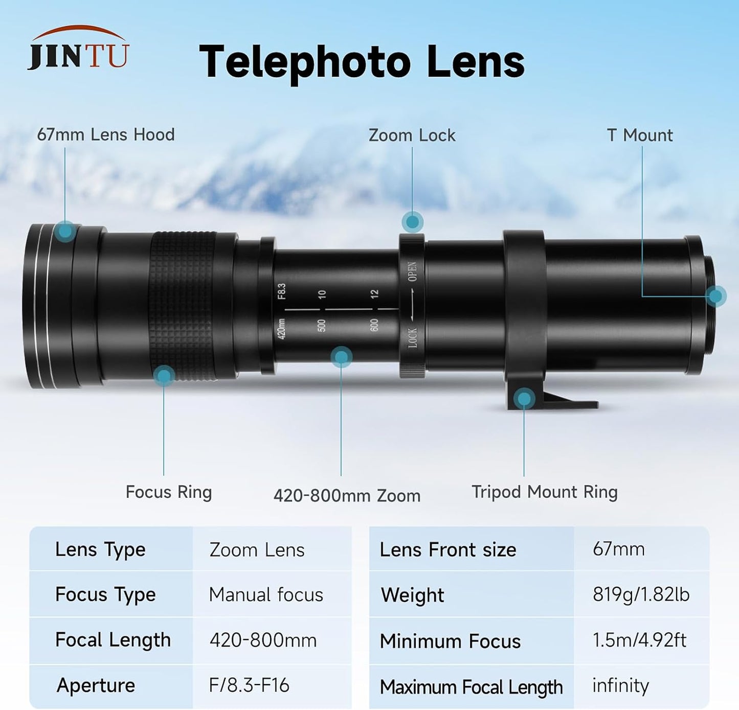 JINTU Telephoto Lens 420-1600mm f8.3 Zoom SLR Camera Lens for Canon T7i T6 T6i T6s T7 T8i T3i, T4i, T5, T5i, SL2, SL1 4000D 2000D 80D 90D 5D III 6D 7D II 60D 70D 70D Telephoto Lens D 250D 750D 760D