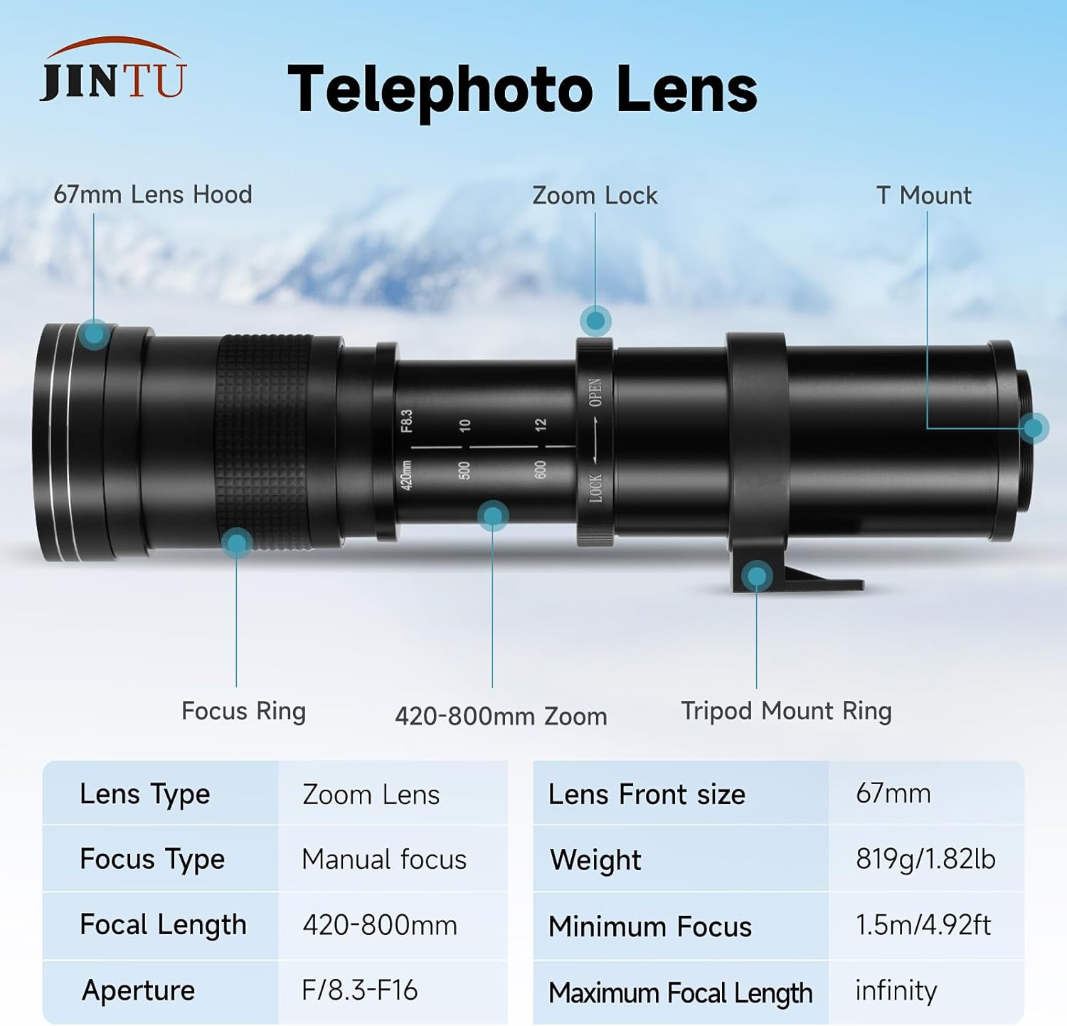 JINTU Telephoto Lens 420-1600mm f8.3 Zoom SLR Camera Lens for Canon T7i T6 T6i T6s T7 T8i T3i, T4i, T5, T5i, SL2, SL1 4000D 2000D 80D 90D 5D III 6D 7D II 60D 70D 70D Telephoto Lens D 250D 750D 760D