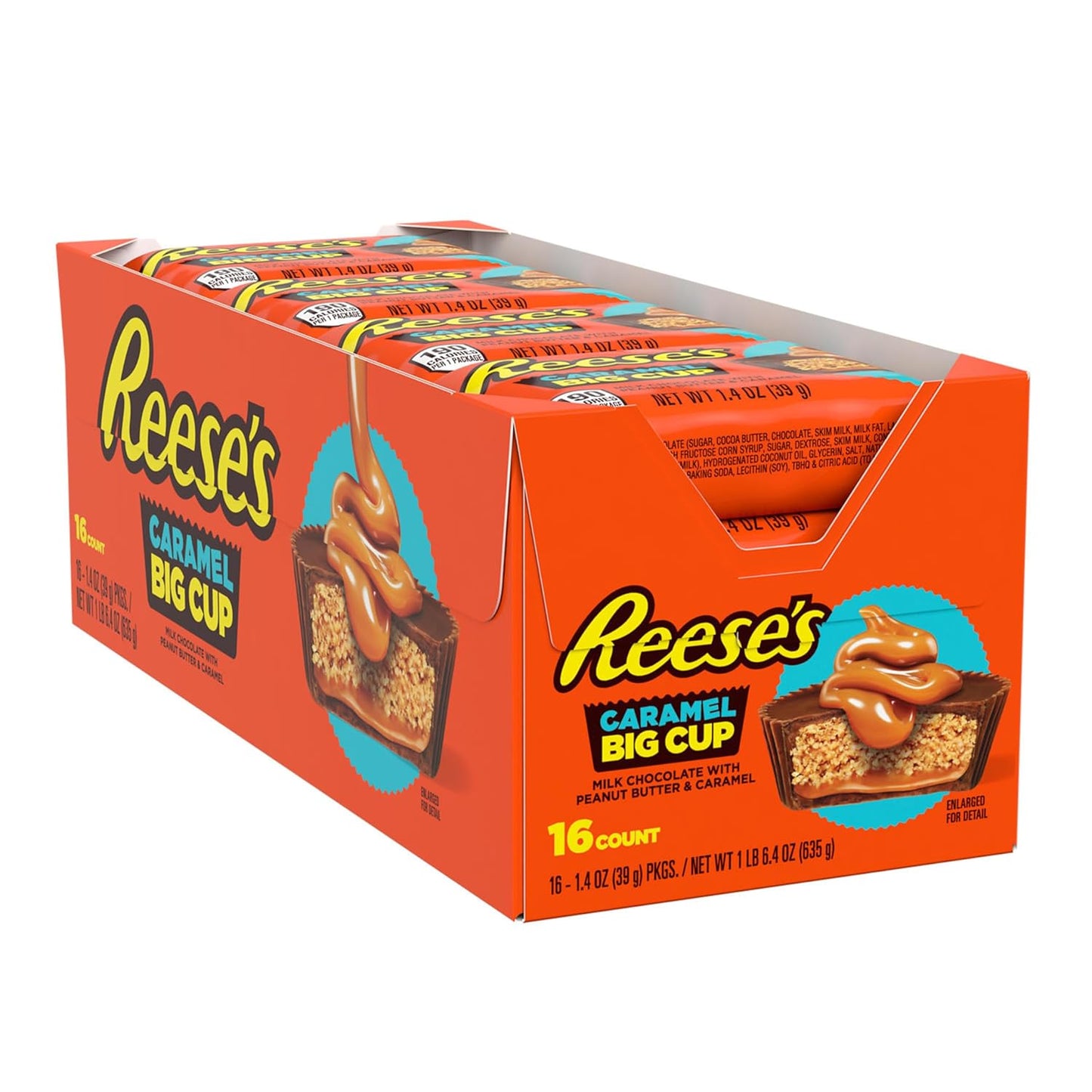 REESE'S Big Cup - Tazas de mantequilla de maní y chocolate con leche y caramelo, paquetes de dulces, 1.4 onzas (16 unidades)