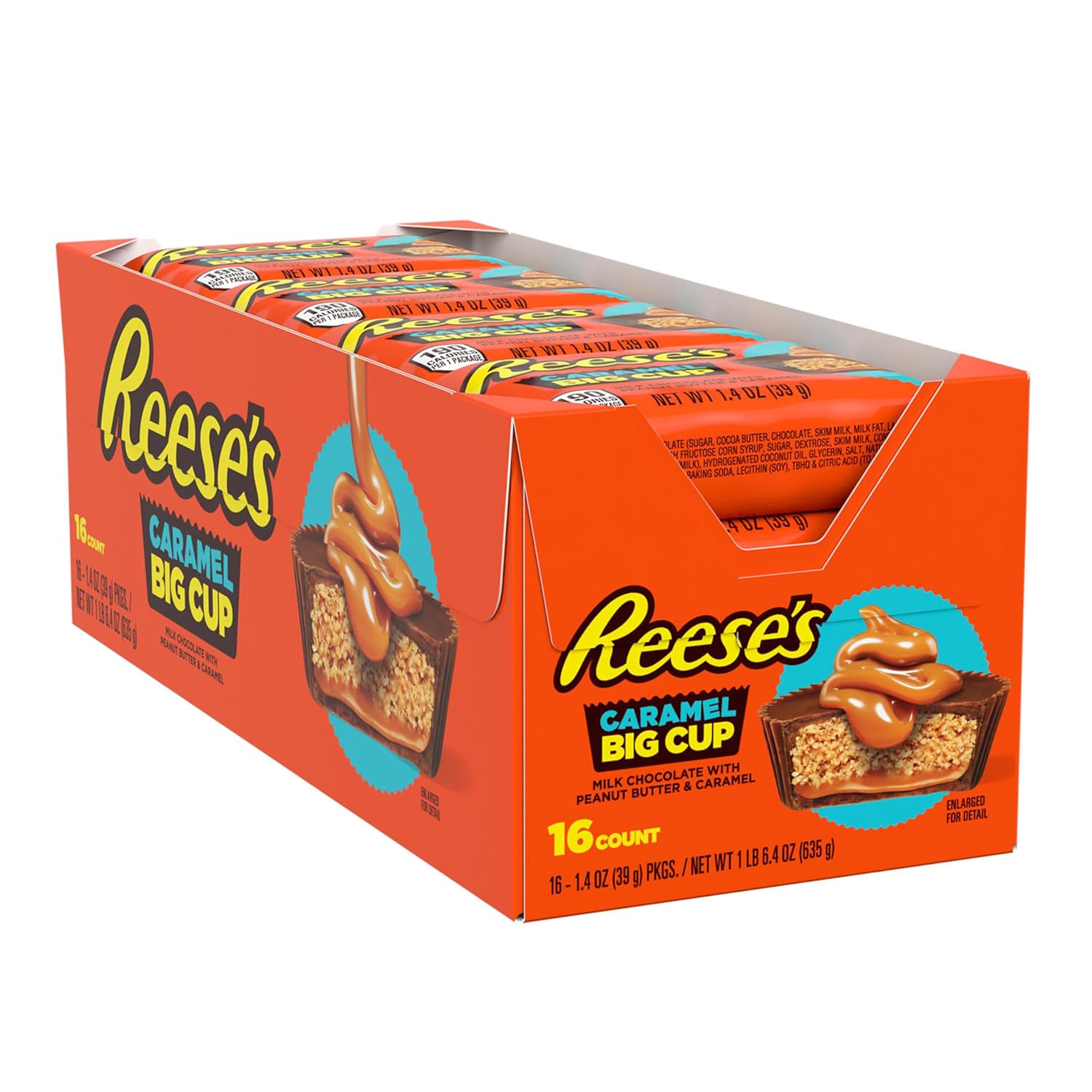 REESE'S Big Cup - Tazas de mantequilla de maní y chocolate con leche y caramelo, paquetes de dulces, 1.4 onzas (16 unidades)