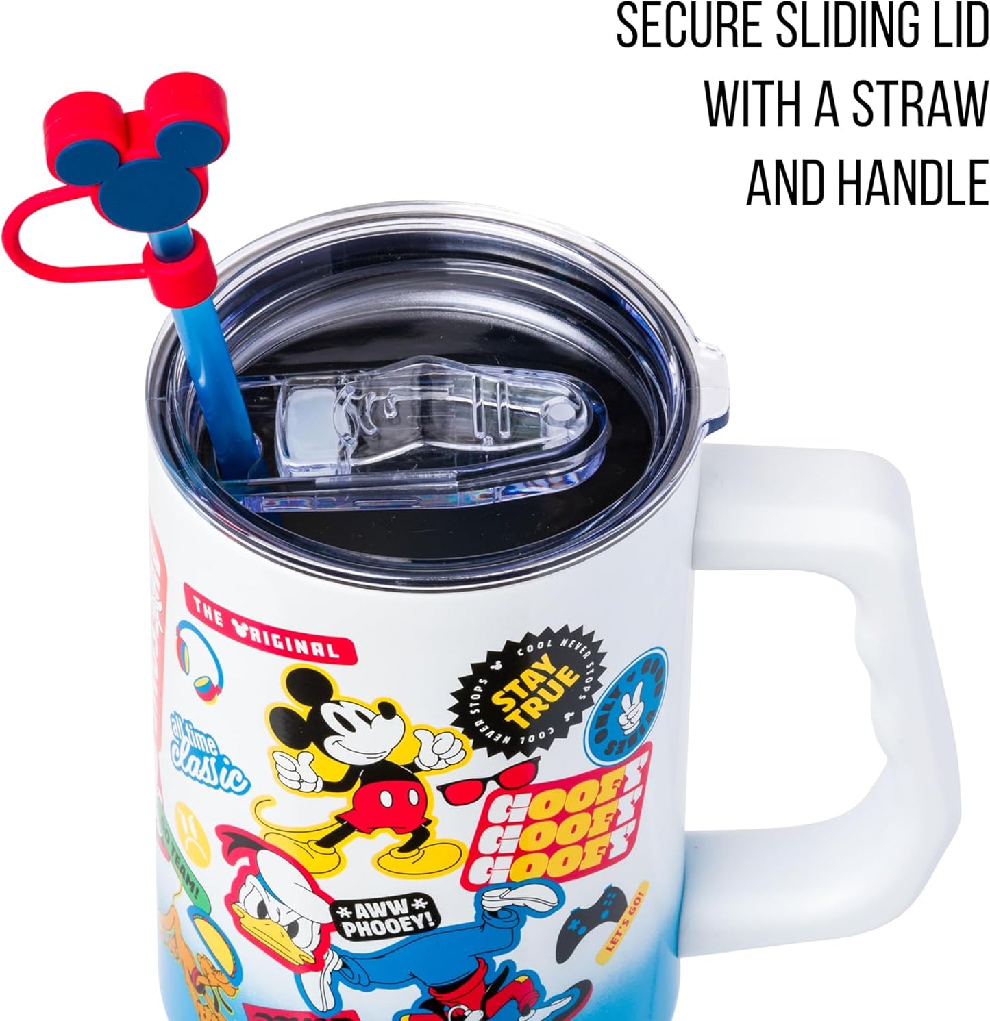 Silver Buffalo Disney Mickey and Friends Daisy, Donald Duck, Goofy, Pluto, Minnie Decals - Vaso de acero inoxidable de doble pared con asa, popote y tapa con pajilla, cabe en portavasos estándar, 40