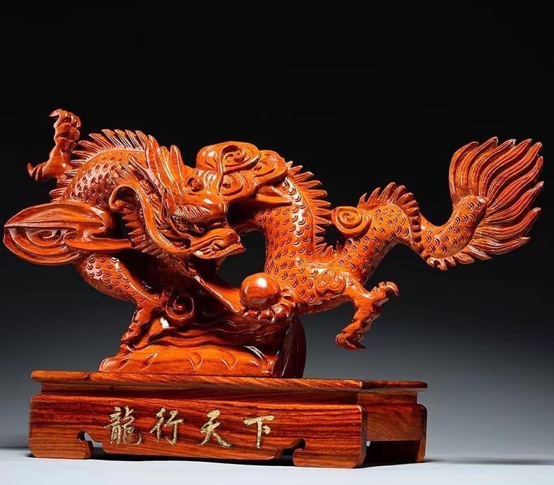 SUNCN 伝統工芸品 商売繁盛 オフィスオー 風水黄金龍 少量生産品 龍の置物 開運祈願 風水 昇龍 金運祈願花梨木 木彫り龍30X8X26cm