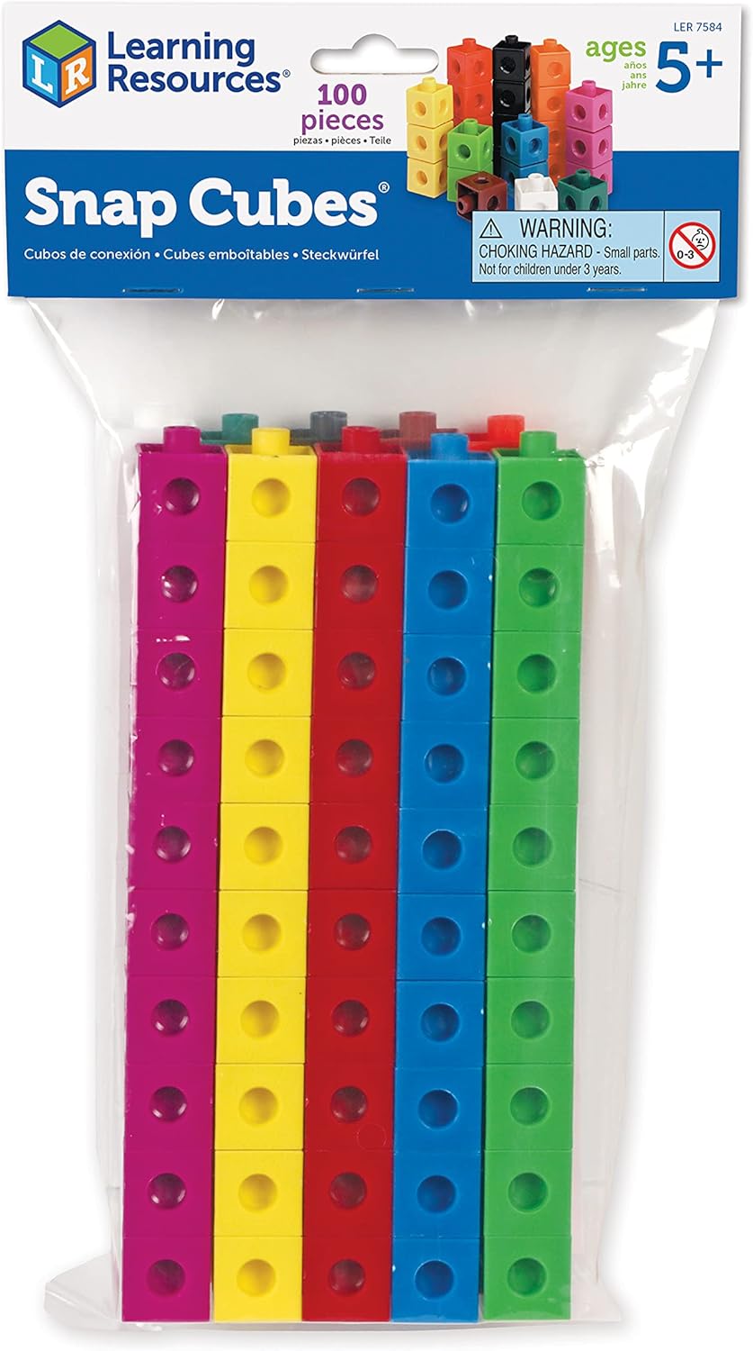 Learning Resources Colorful Counter for Math Teaching Materials, Transparent Snaps + Snap Cubes, Pack of 100 (Purchase Set)