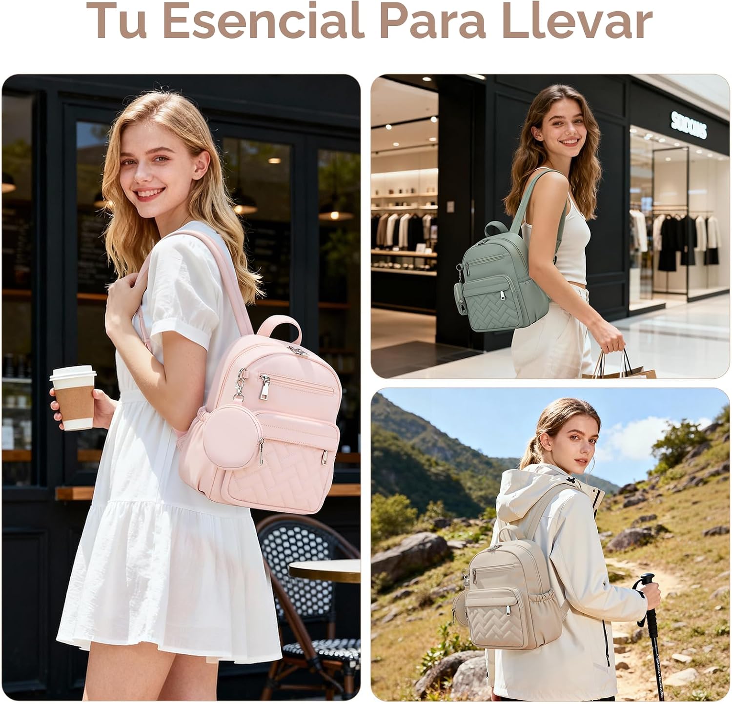 SYTRAH - Mochila antirrobo para mujer, mochila de viaje acolchada impermeable con cremalleras de bloqueo y monedero, mochila acolchada compacta para el trabajo, viajes y aeropuerto, elegante y ligera caqui
