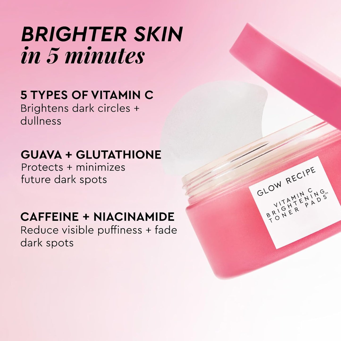 Glow Recipe Almohadillas de tóner iluminadoras de vitamina C – Almohadillas coreanas de vitamina C para ojeras debajo de los ojos y mejillas – Exfoliante facial ligero – Niacinamida, cafeína, guayaba