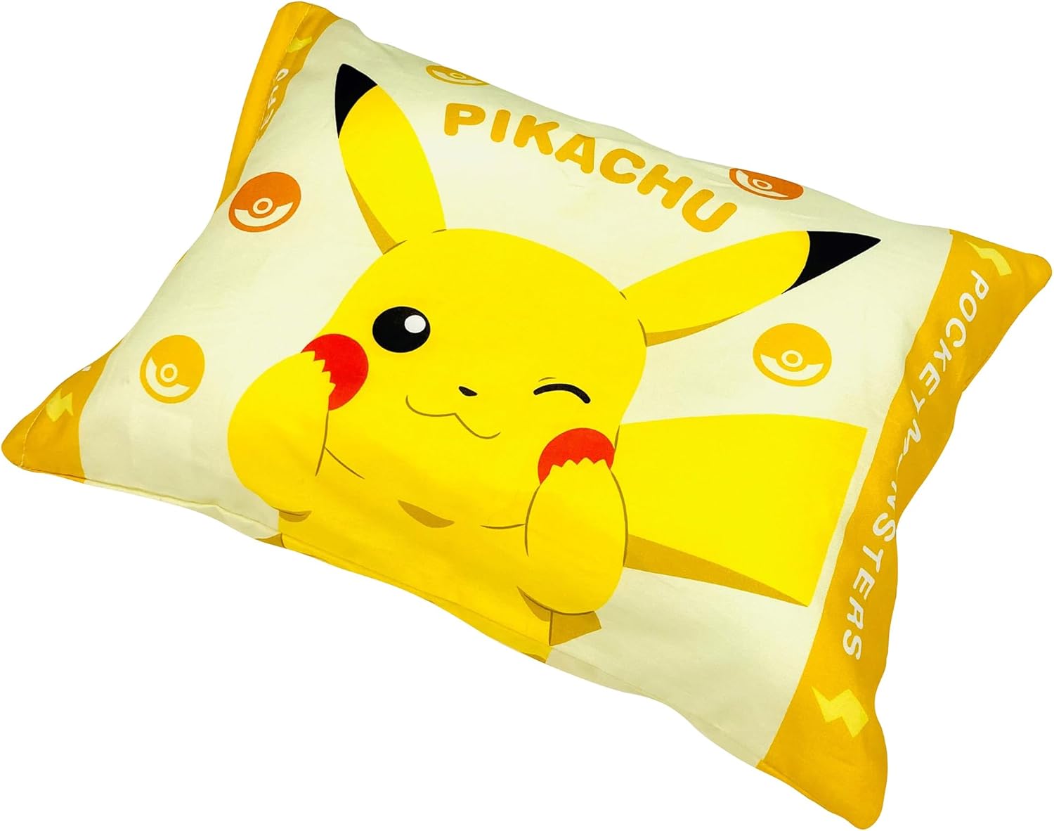 MORIPiLO Children's Pillow, Low Profile, Pokemon Pikachu Wink, Yellow, Approximately 11 x 15.4 inches (28 x 39 cm), Skin-friendly 100% Cotton Fabric, Washable, Comes with Cover, Plush Toy, Cushion