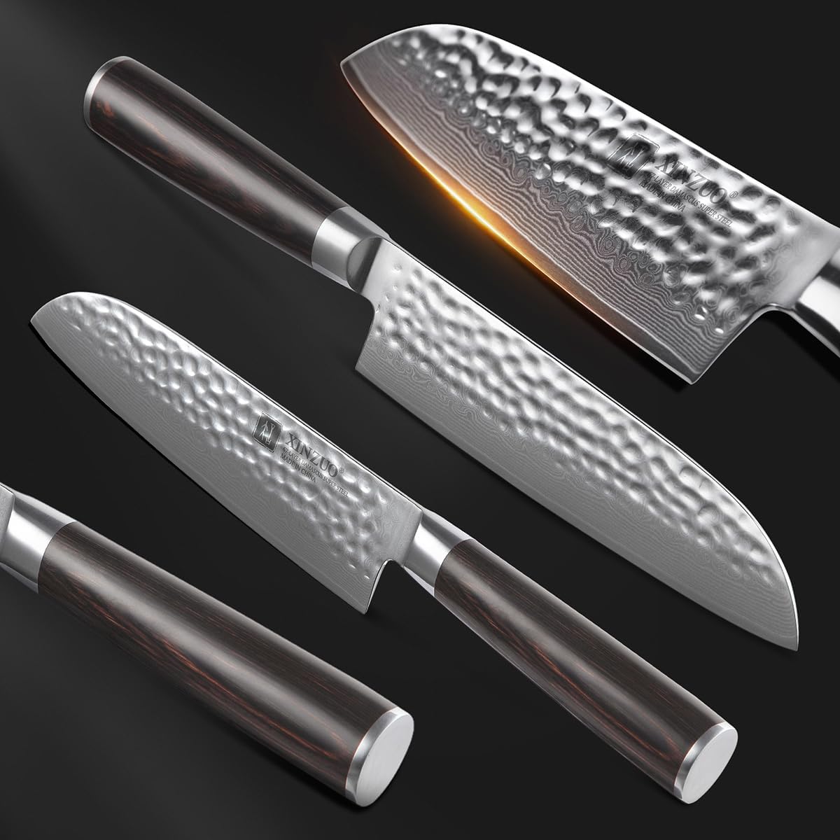XINZUO Damascus Steel Santoku Knife - 67-Layer Damascus Steel 17.6cm Santoku Chef Knife, Professional Kitchen Cooking Knife, Suitable for Cutting Meat, Vegetables, and Fruits - Ergonomic Pakka Wood