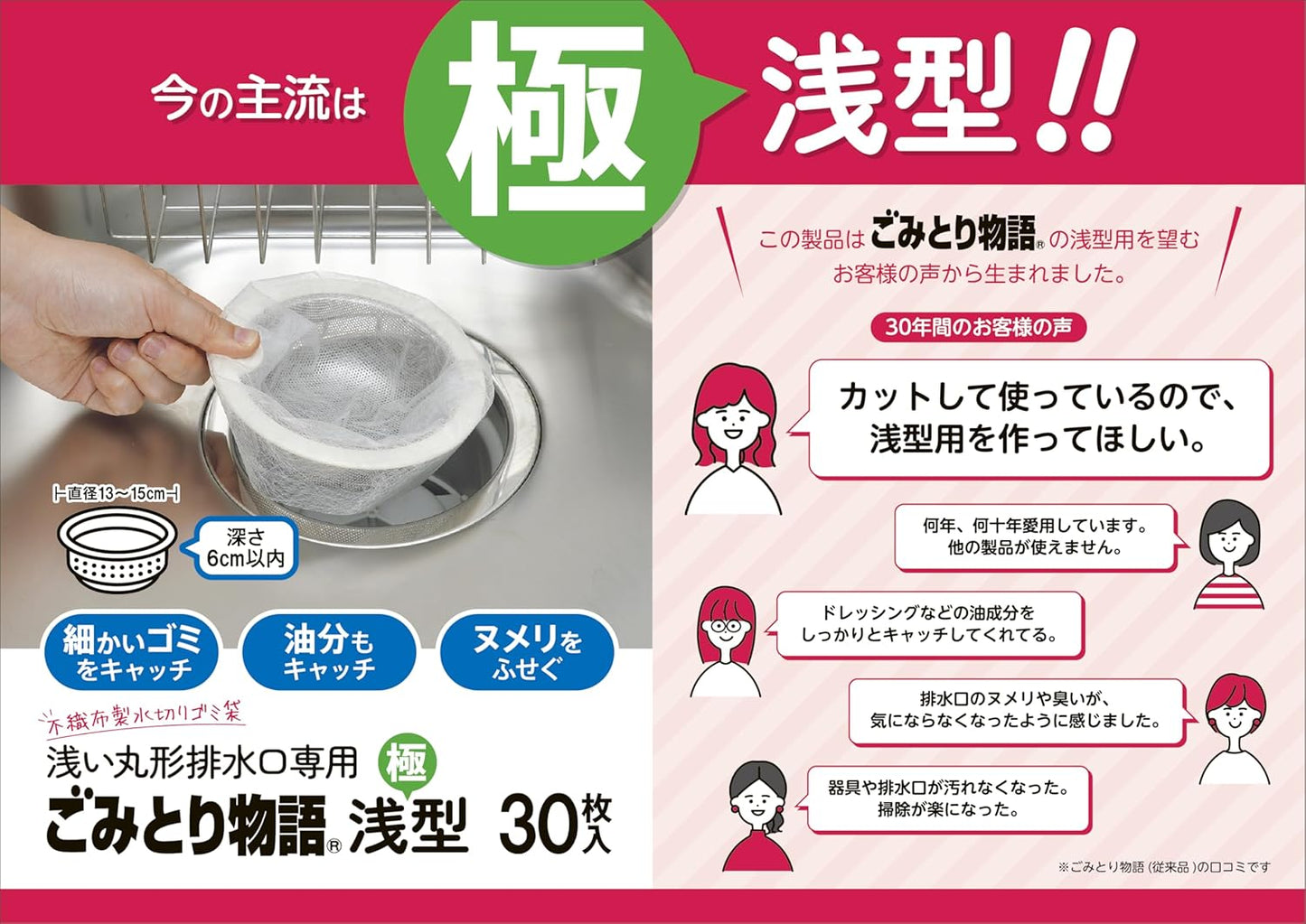 Bonster Garbage Trash Trap Story, Ultra Shallow Type, 30 Pieces, Made in Japan, For Shallow Round Drainage Drains, Catch Fine Garbage, Grease, Cover Numeries