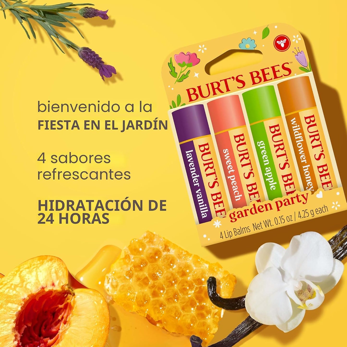 Burt's Bees Gifts Ideas - Juego de bálsamo labial para fiesta de jardín, vainilla lavanda, melocotón dulce, manzana verde, miel de flores silvestres, con cera de abejas de origen responsable, tratamiento labial de origen natural, 0.15 onzas, cuatro tubos