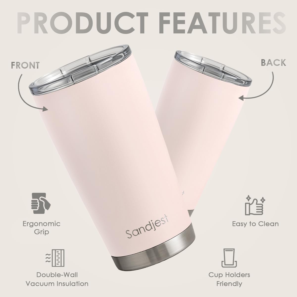 SANDJEST Vaso de acero inoxidable de 20 onzas, taza aislada al vacío de doble pared con tapa, taza de café de viaje para mujeres, niñas, amigos, hermanas, cumpleaños, Navidad (rosa pálido)