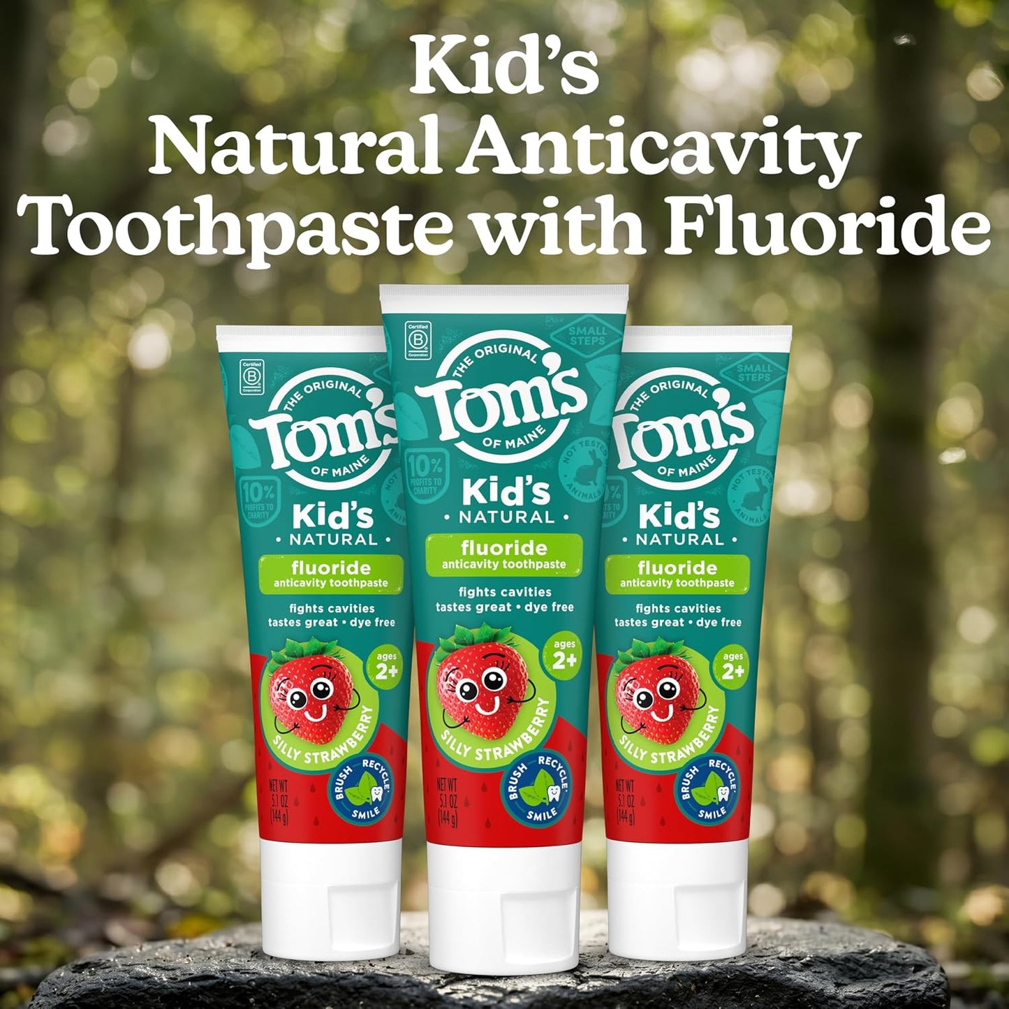 Tom's of Maine Pasta dental con flúor aprobada por la ADA, pasta de dientes natural, sin tintes, sin conservantes artificiales, fresa tonta, 5.1 onzas, paquete de 3 (el embalaje puede variar)