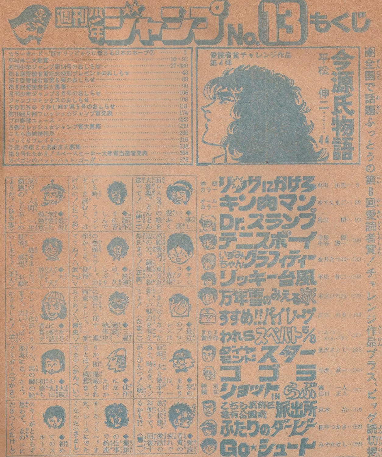 週刊少年ジャンプ 1980年3月31日号 No.13 (通巻588号) 愛読者賞チャレンジ作「今源氏物語」平松伸二／FJ賞入選作発表「キャプテン翼」高橋陽一