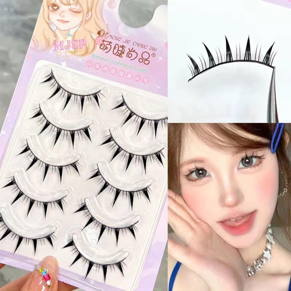 5 Pairs Makeup Cartoon Eyelashes Cosplay Anime Eyelashes Black Stem Wet??Looks Spiky Eyelashes 3D Little Devil Big Eye Eyelashes Extension Tool
