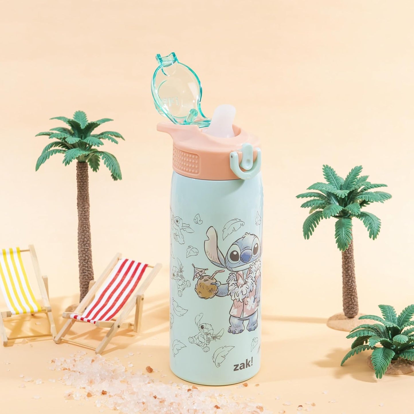 Zak Designs Disney Sage - Botella de agua para niños para la escuela o viajes, botella de agua de acero inoxidable de 19 onzas con pajita, asa y tapa de boquilla desplegable a prueba de fugas (Stitch)
