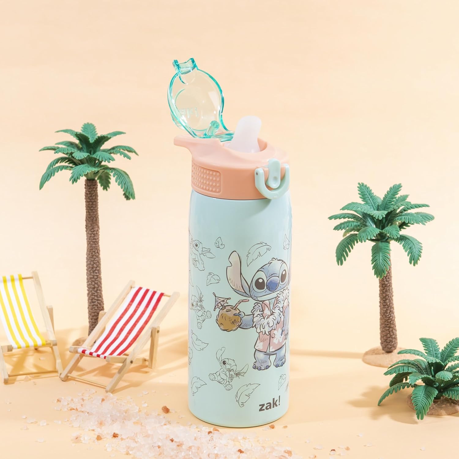 Zak Designs Disney Sage - Botella de agua para niños para la escuela o viajes, botella de agua de acero inoxidable de 19 onzas con pajita, asa y tapa de boquilla desplegable a prueba de fugas (Stitch)