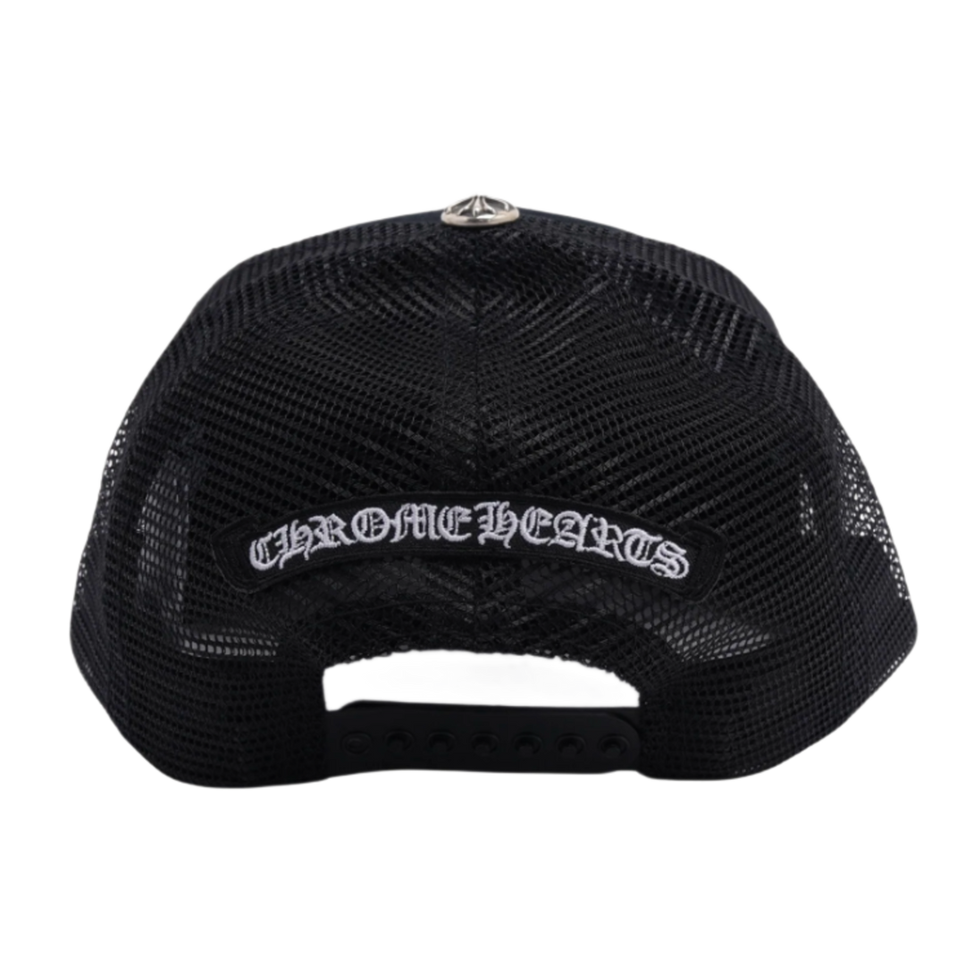 CHROME HEARTS 'PINK CEMETERY TRIPLE CROSS PATCH' BLACK TRUCKER HAT