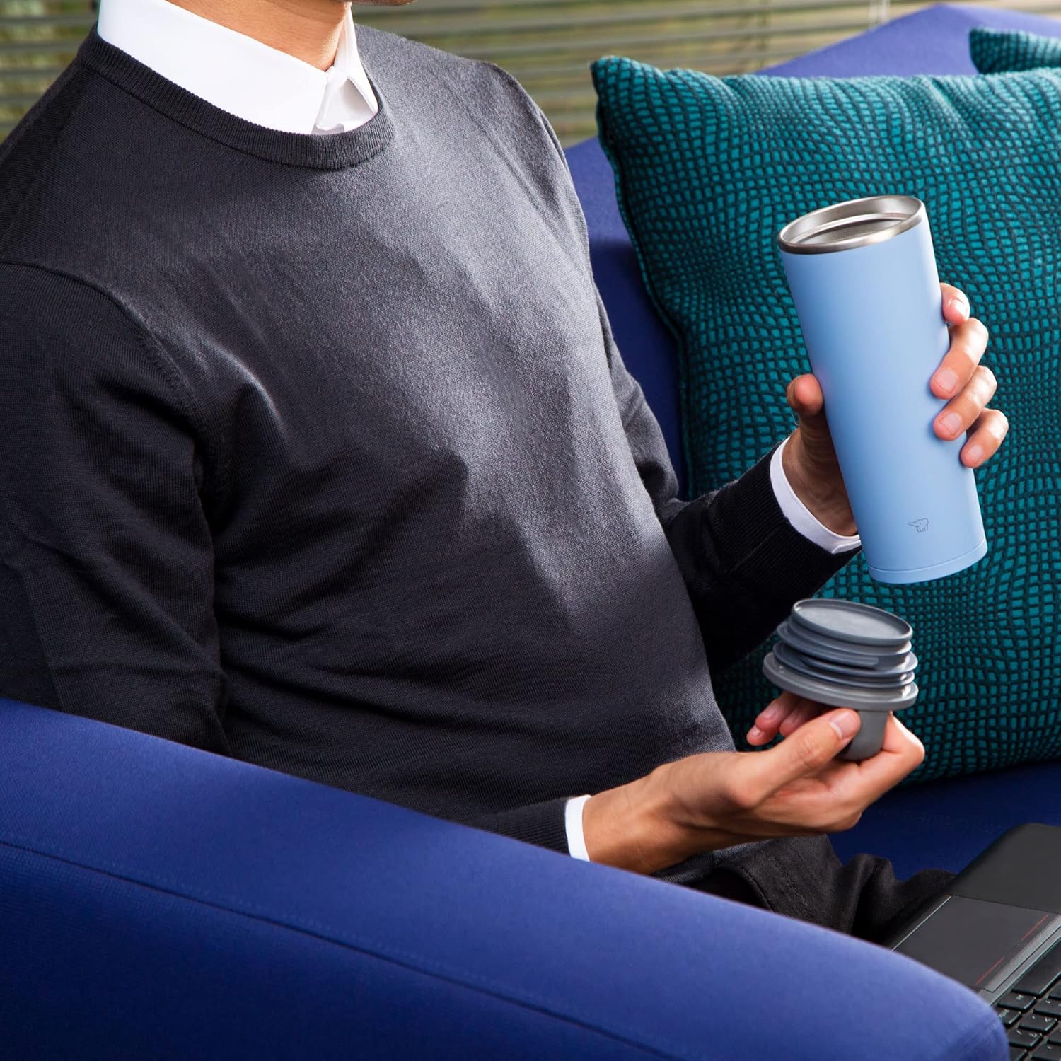 Zojirushi SX-JA30-AM Water Bottle with Lid, Carrying Tumbler, Portable, Seamless Stopper, Handle Type, 10.1 fl oz (300 ml), Fog Blue, Integrated Lid and Gasket, Easy to Clean, Only 2 Parts to Wash