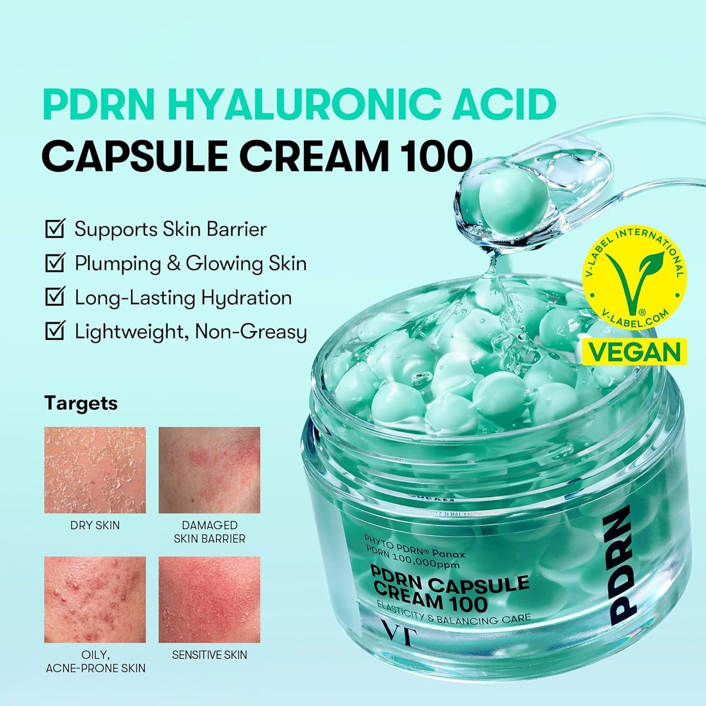 VT COSMETICS Crema en Cápsulas PDRN 100, Hidratante Facial con 100,000ppm de PDRN, Ácido Hialurónico, 9 Péptidos, Crema Nutritiva Reafirmante y Voluminizante, Cuidado de la Piel Coreana (473 ml)