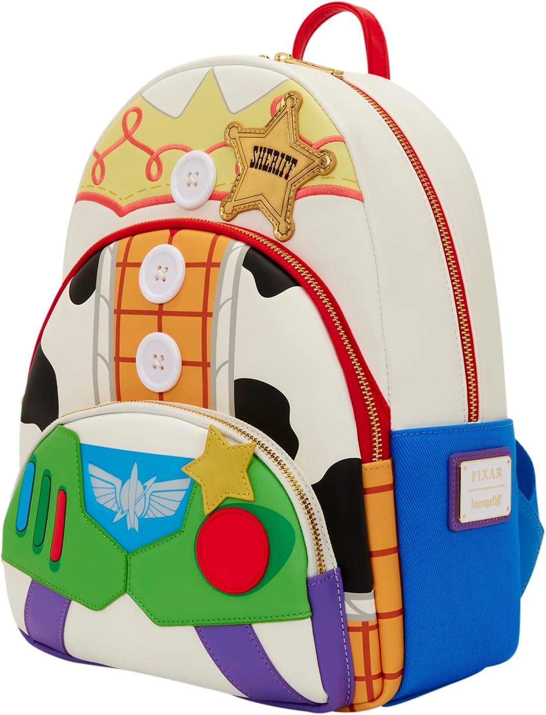 Loungefly Disney: Pixar - Toy Story 5 - to Infinity and Beyond - Woody, Jessie y Buzz Lightyear - Mochila de tamaño mediano con ribete de mezclilla estampada con triple bolsillo - Regalo para niños y