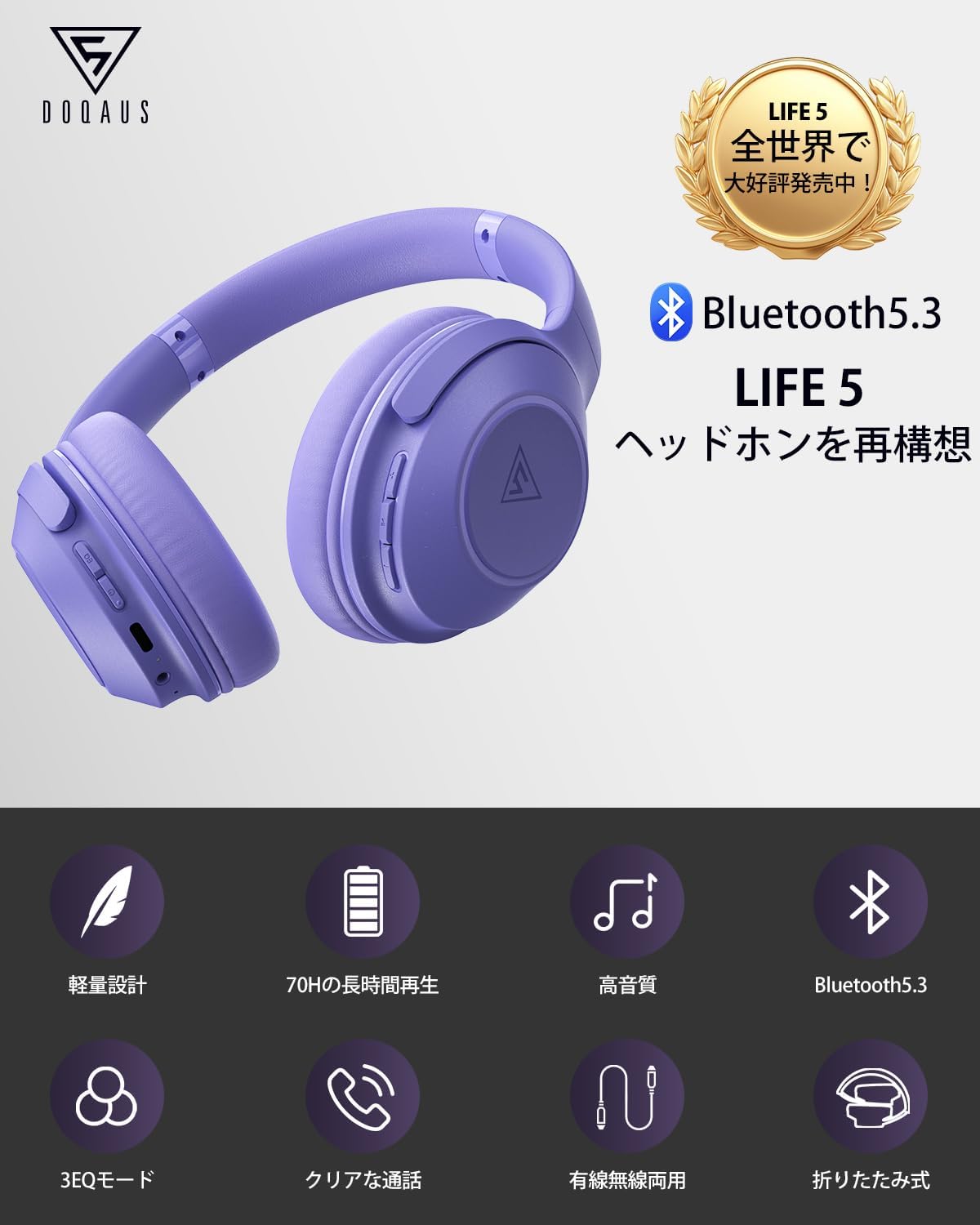 DOQAUS (ドカアス) Wireless Headphones Bluetooth 5.3 Up to 70 Hours Continuous Playback 3 EQ Modes Wired/Wireless Dual Use AAC Support Multi-Point Closed Type Built-in Microphone Over-Ear Compatible with