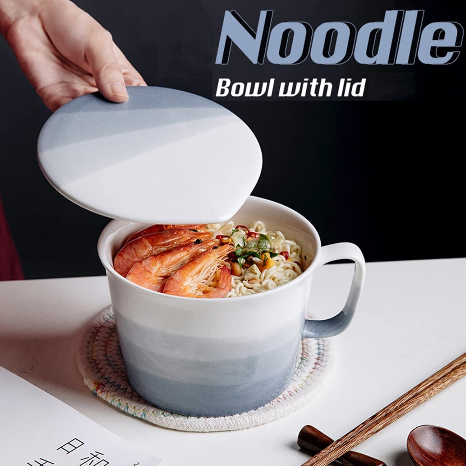 Soup Rice Bowl, Ramen Bowl with Chopsticks Lid Creative Ceramic Instant Noodle Bowl Soup Bowl with Handle for Cereal Rice Ramen Udon
