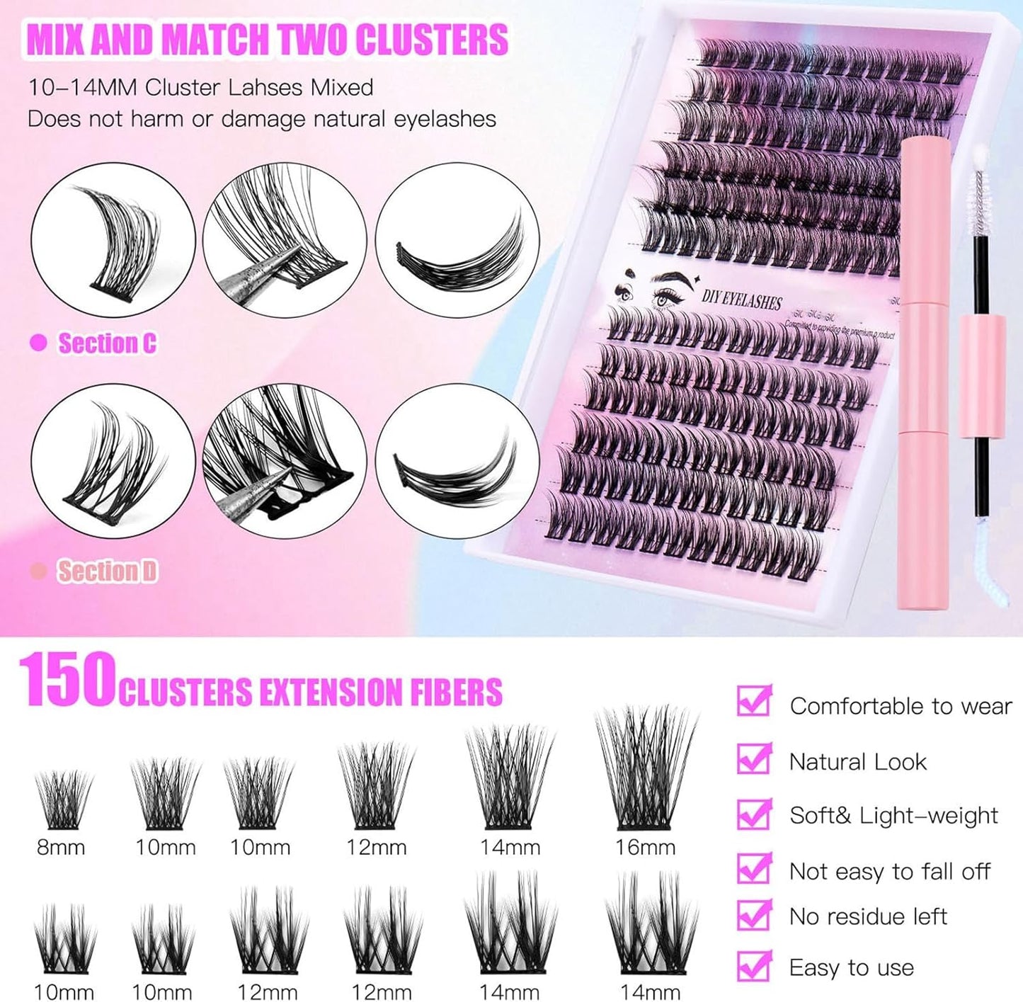Eyelash Extension Kit, 150 PCS 30D+40D Mix Lash Clusters False Eyelashes with Lash Bond and Seal for DIY Lash Extension Kit (Pink,A)