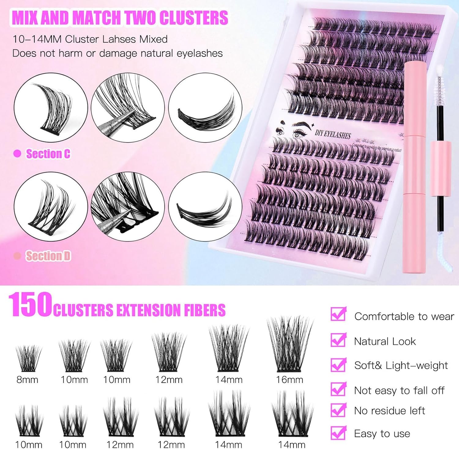 Eyelash Extension Kit, 150 PCS 30D+40D Mix Lash Clusters False Eyelashes with Lash Bond and Seal for DIY Lash Extension Kit (Pink,A)