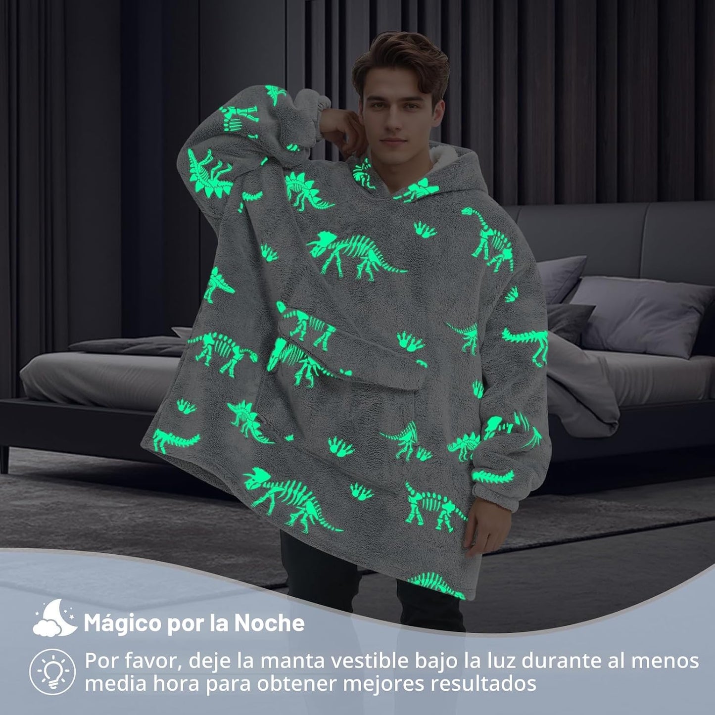 Mewkou - Manta con capucha de vestir para adultos, sudadera con capucha de forro polar sherpa de gran tamaño para mujeres y hombres, dinosaurio fósil que brilla en la oscuridad