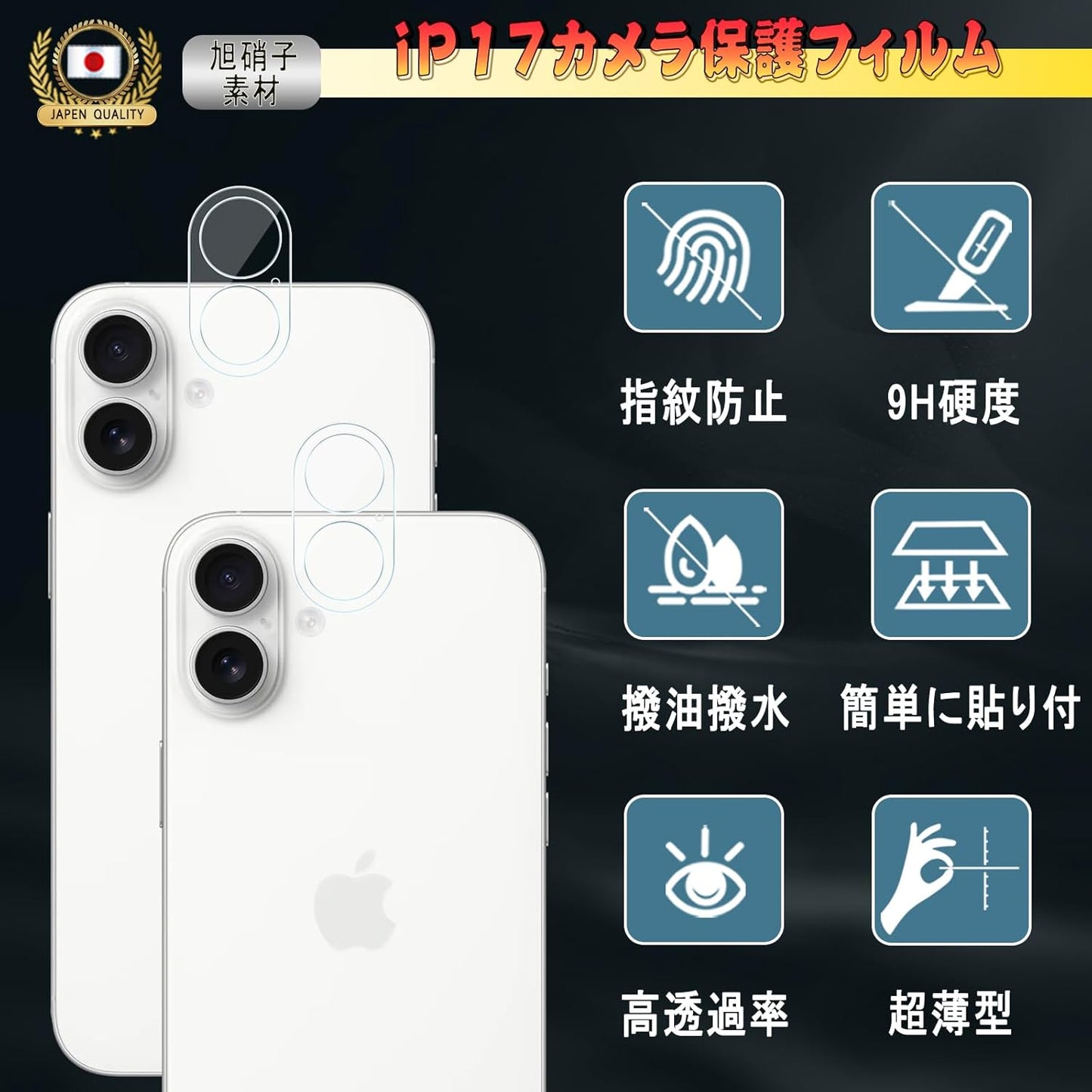 Compatible 17 Camera Film for 17, Camera Cover (2 Pieces), Made of Asahi Glass Material, 9H Hardness, for 16, 2-Eye Lens Protection, High Transmittance, Easy to Apply, Scratch Resistant, Dustproof