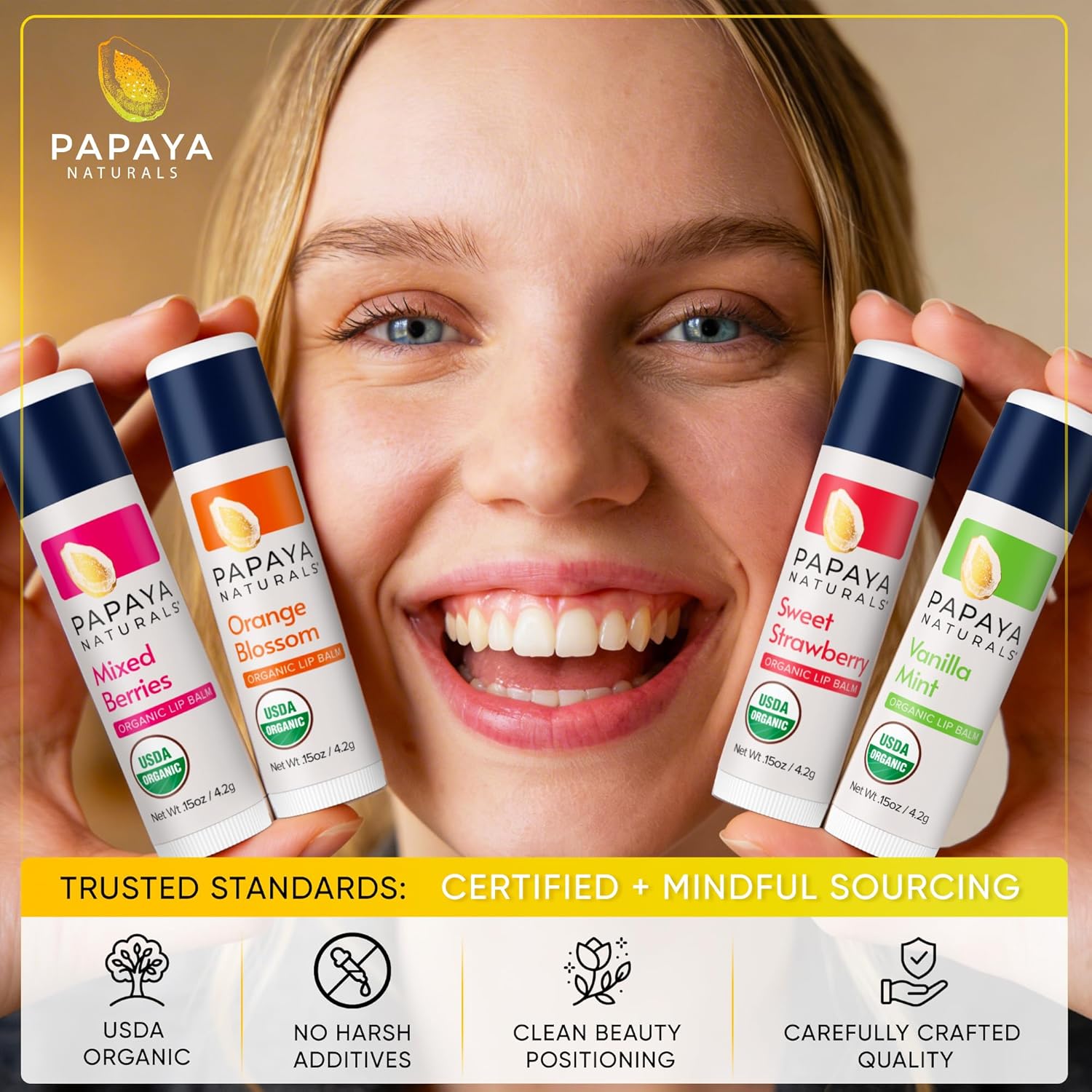 Papaya Naturals USDA - Juego de bálsamo labial orgánico, paquete de 6 – cera de abeja orgánica, manteca de cacao y vitamina E bálsamo labial para labios secos – Cuidado de labios natural hidratante