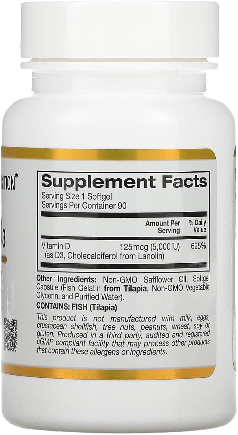 California Gold Nutrition, Vitamin D3, 125 mcg (5,000 IU), Fish Gelatin Softgels 90 Count [Parallel Import]