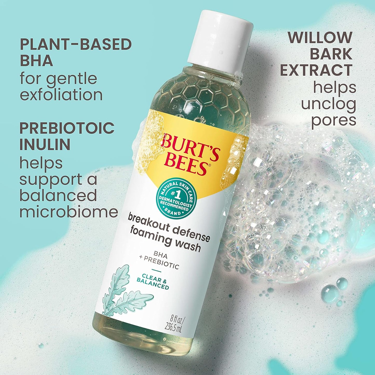 Burt's Bees Lavado facial espumoso, limpiador BHA Breakout Defense para todo tipo de piel, elimina las impurezas y el exceso de aceite facial, con un prebiótico, 8 onzas.