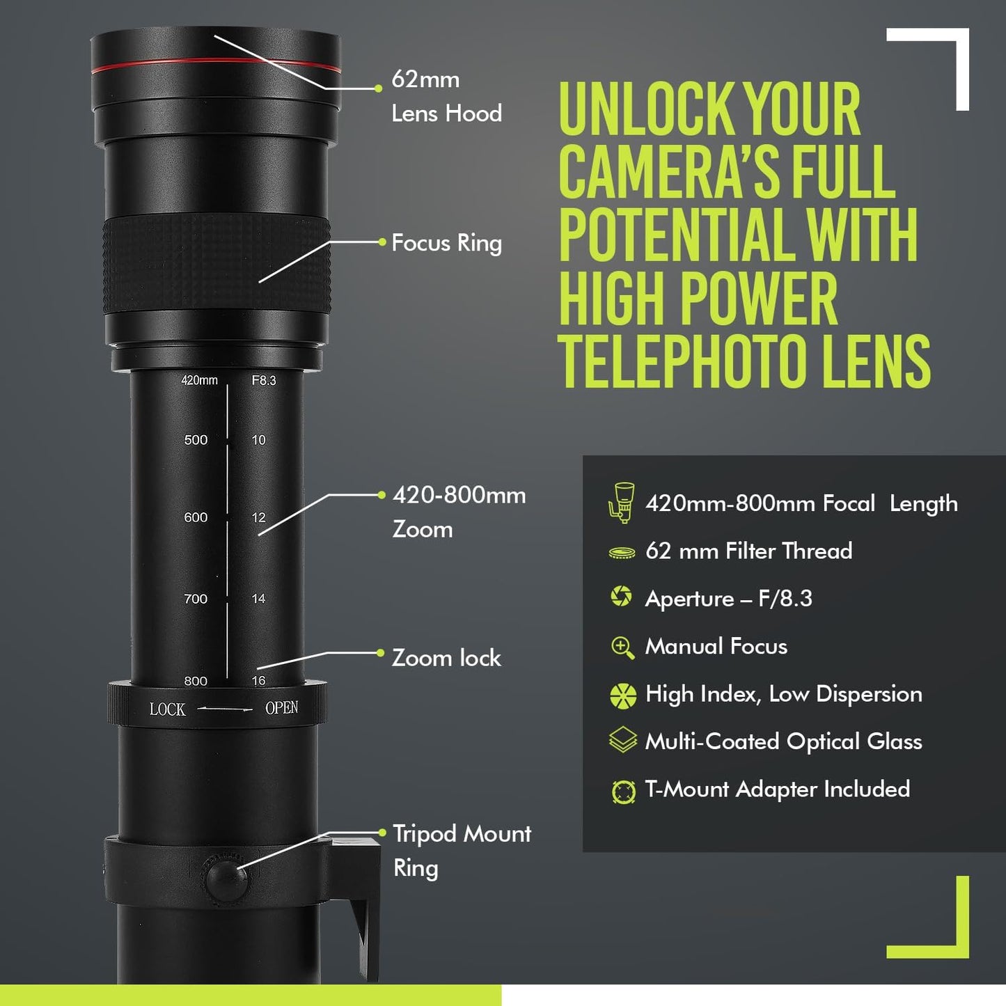 High Power 420-800mm f/8.3 Manual Telephoto Zoom Lens for Canon Digital EOS Rebel EOS-M EOS M2 EOS M5 EOS M6 Mark II EOS M10 EOS M50 EOS M50 II EOS M100 EOS M200 Cameras