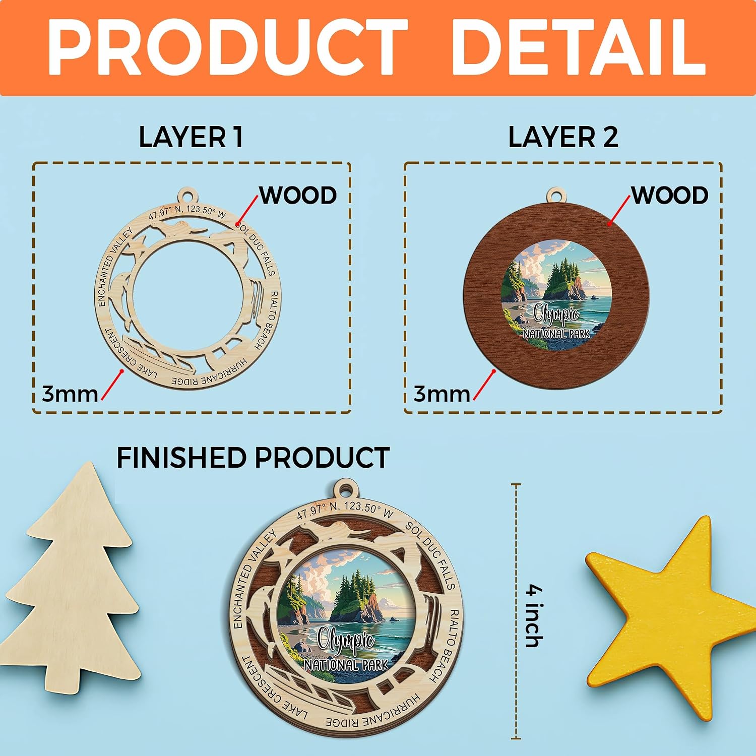 Adorno de Navidad del Parque Nacional Olímpico, diseño de madera cortado con láser de 2 capas, decoración de árbol de vacaciones, regalo de recuerdo de viaje, selva tropical, glaciar y playa
