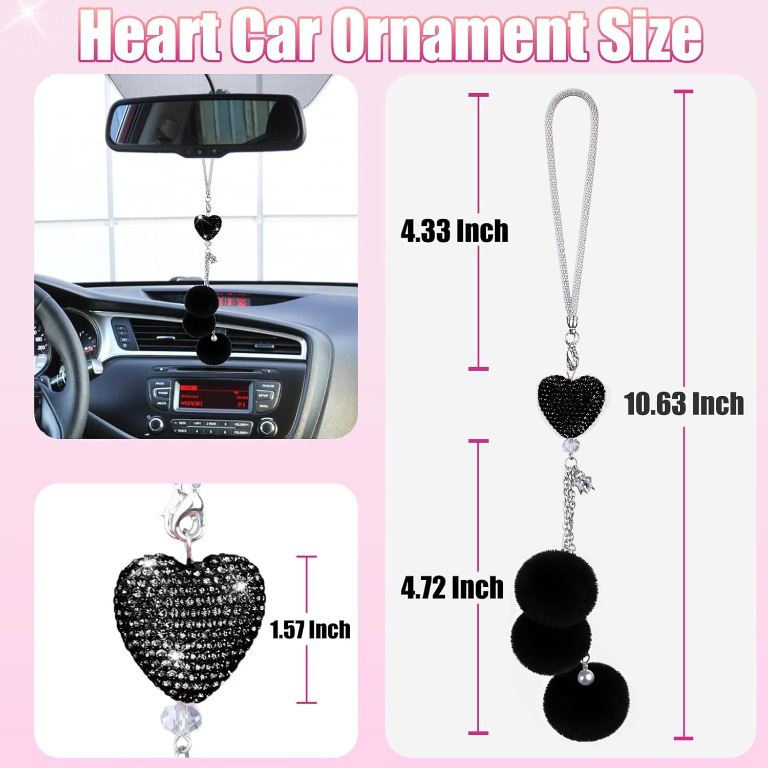 Adorno brillante para colgar en el automóvil, accesorios de espejo de automóvil para mujer, corazón de diamante y bola de felpa mullida, accesorios de automóvil para colgar, colgante para espejo