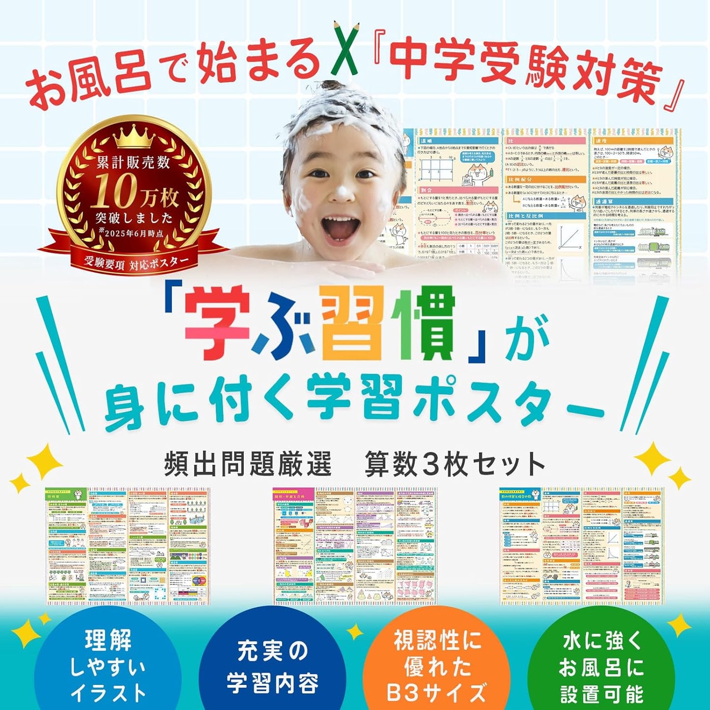 Dr. Routine's Cram School Bath Poster Mathematics Middle School Entrance Exam Set 3-piece Set B3 Size R-1 Properties of Numbers and Combinatorics Special Arithmetic Geometry (Plane and Solid