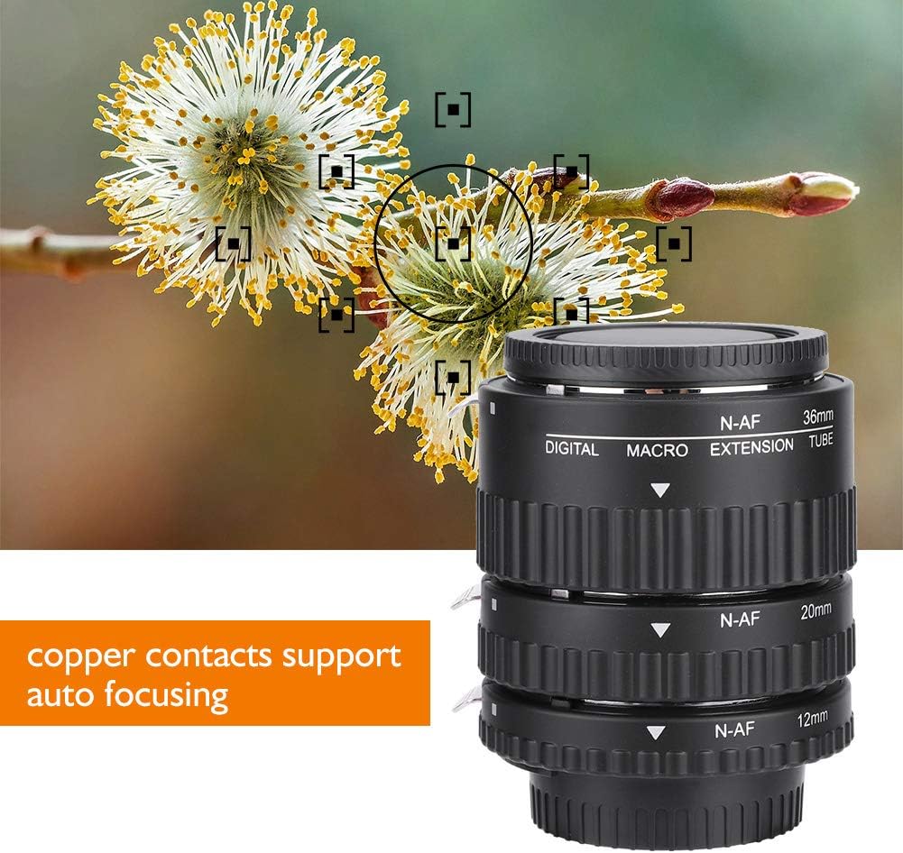 Macro Extension Lens Tube Metal Camera Lens Ring Auto Focus 12mm+20mm+36mm for Nikon F-Mount for DSLR Camera Durable No Effect for Close Range (MK-N-AF1-B)