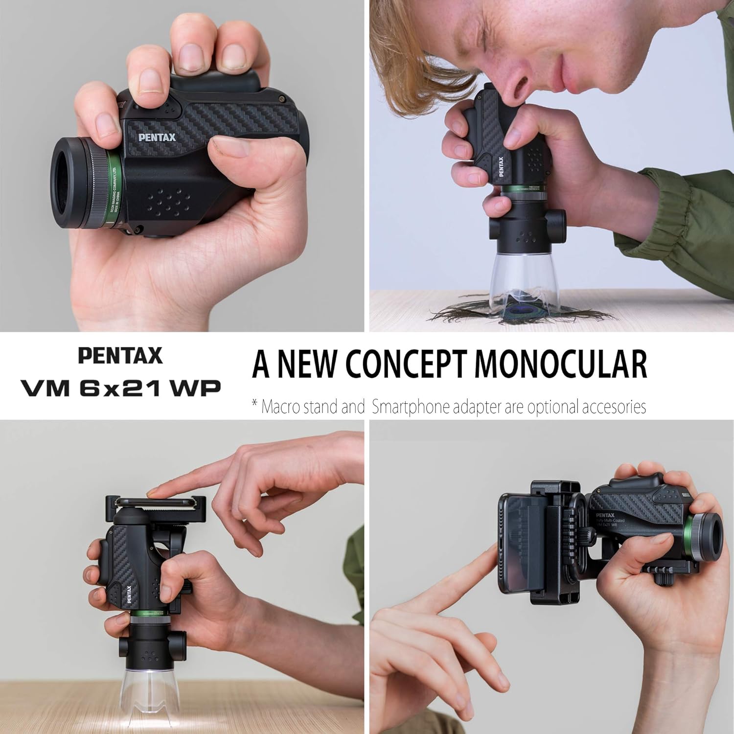 The Pentax 63620 Monocular VM 6x21 WP is easy to use with one hand. Ergonomically designed for easy operation. Waterpro